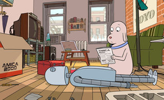 Szenenbild aus dem Animationsfilm ROBOT DREAMS: Ein Hund kniet in einem Wohnzimmer auf dem Boden und liest ein Blatt Papier, auf dem Amica 2000 steht. Vor ihm liegt ein Roboter mit geschlossenen Augen. Am linken Bildrand steht eine geöffnete Pappkiste mit dem Aufdruck Amica 2000. (© Plaion Pictures)