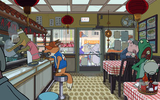 Szenenbild aus dem Animationsfilm ROBOT DREAMS: Blick in ein chinesisches Restaurant, in dem ein Frosch, ein Schwein und ein Fuchs essen. Hinter dem Tresen steht ein Krokodil mit Stirnband. (© Plaion Pictures)