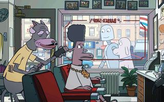 Szenenbild aus dem Animationsfilm ROBOT DREAMS: In einem Friseursalon schneidet ein Hund einem Schaf seine schwarzen Haare kürzer. Vor dem Fenster laufen ein Hund und ein Roboter vorbei. (© Plaion Picture)
