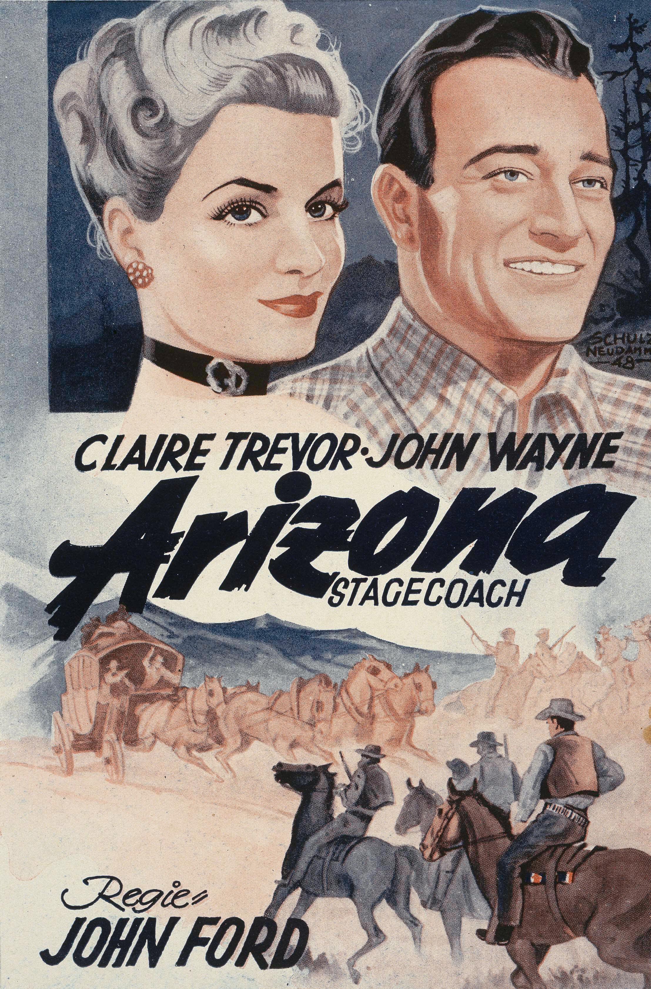 Englisches Filmplakat zu RINGO/HÖLLENFAHRT NACH SANTE FÉ/STAGECOACH: Auf dem Plakat sind die gemalten Porträts der Hauptdarsteller/-in Claire Trevor und John Wayne zu sehen. In der Mitte des Plakats steht der Titel "Arizona Stagecoach", darunter sind Reiter und eine Postkustsche abgebildet.