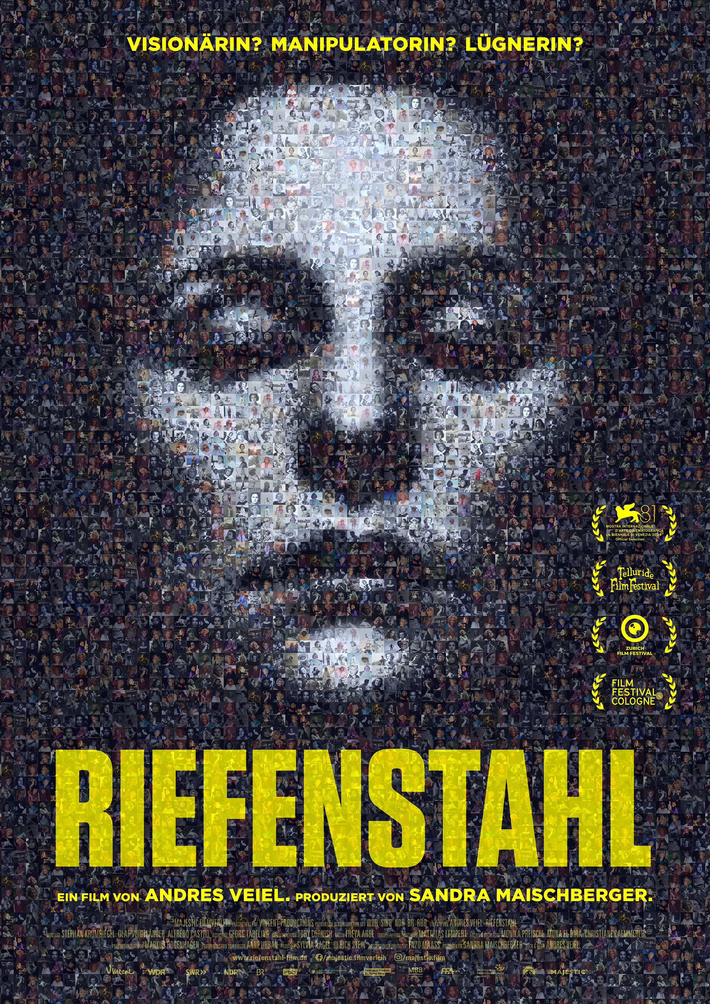 Filmplakat zum Dokumentarfilm RIEFENSTAHL: Bildfüllend ist ein schwarz-weißes Porträt der jungen Regisseurin Leni Riefenstahl zu sehen, das sich aus vielen kleinen Bildern zusammensetzt. Unter dem Porträt steht in gelben, fetten Großbuchstaben der Filmtitel.