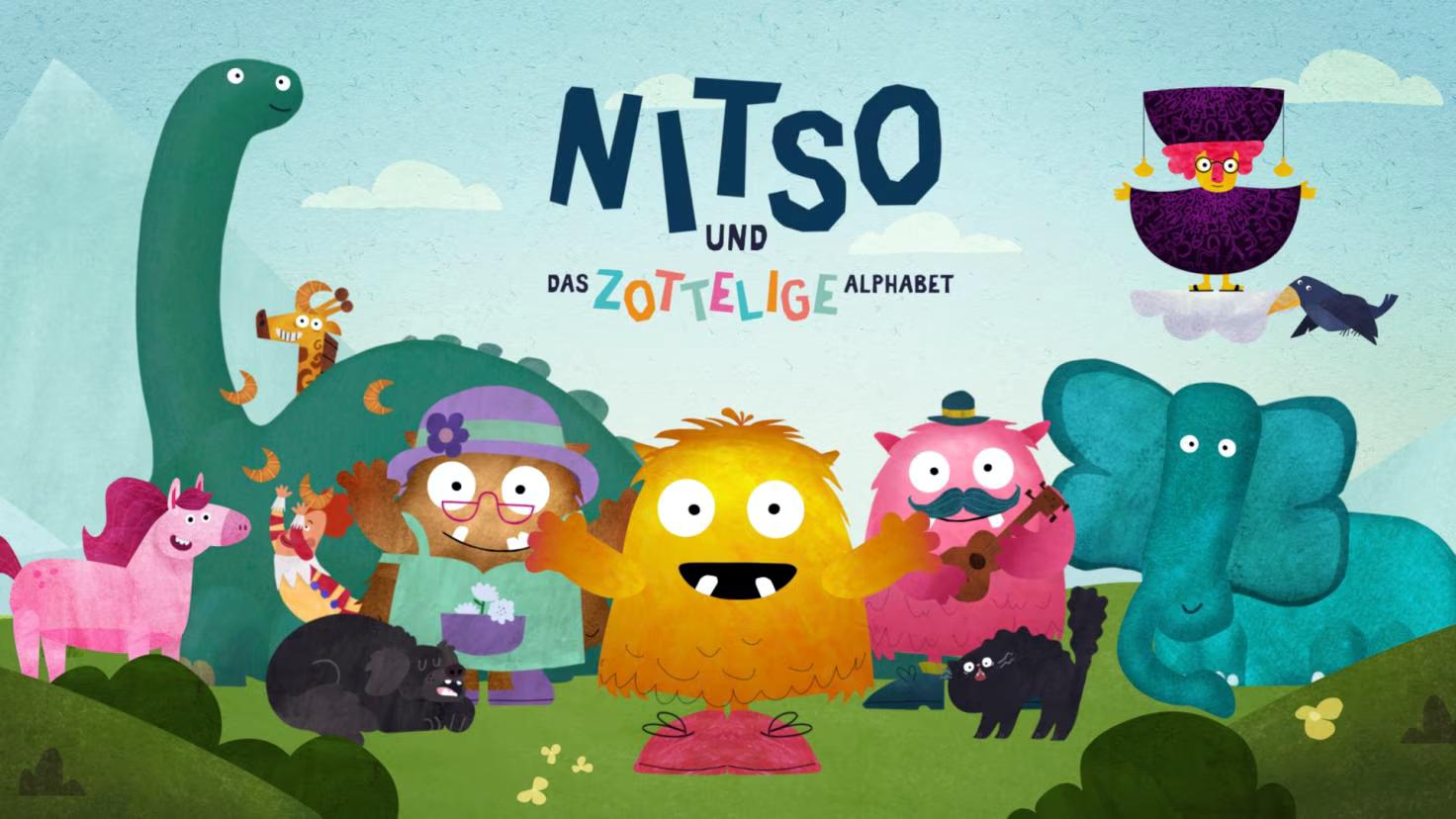 Plakat zur Animationsserie NITSO UND DAS ZOTTELIGE ALPHABET: Bunte Tiere und das gelb-orange Zottelmonster Nitso stehen nebeneinander.