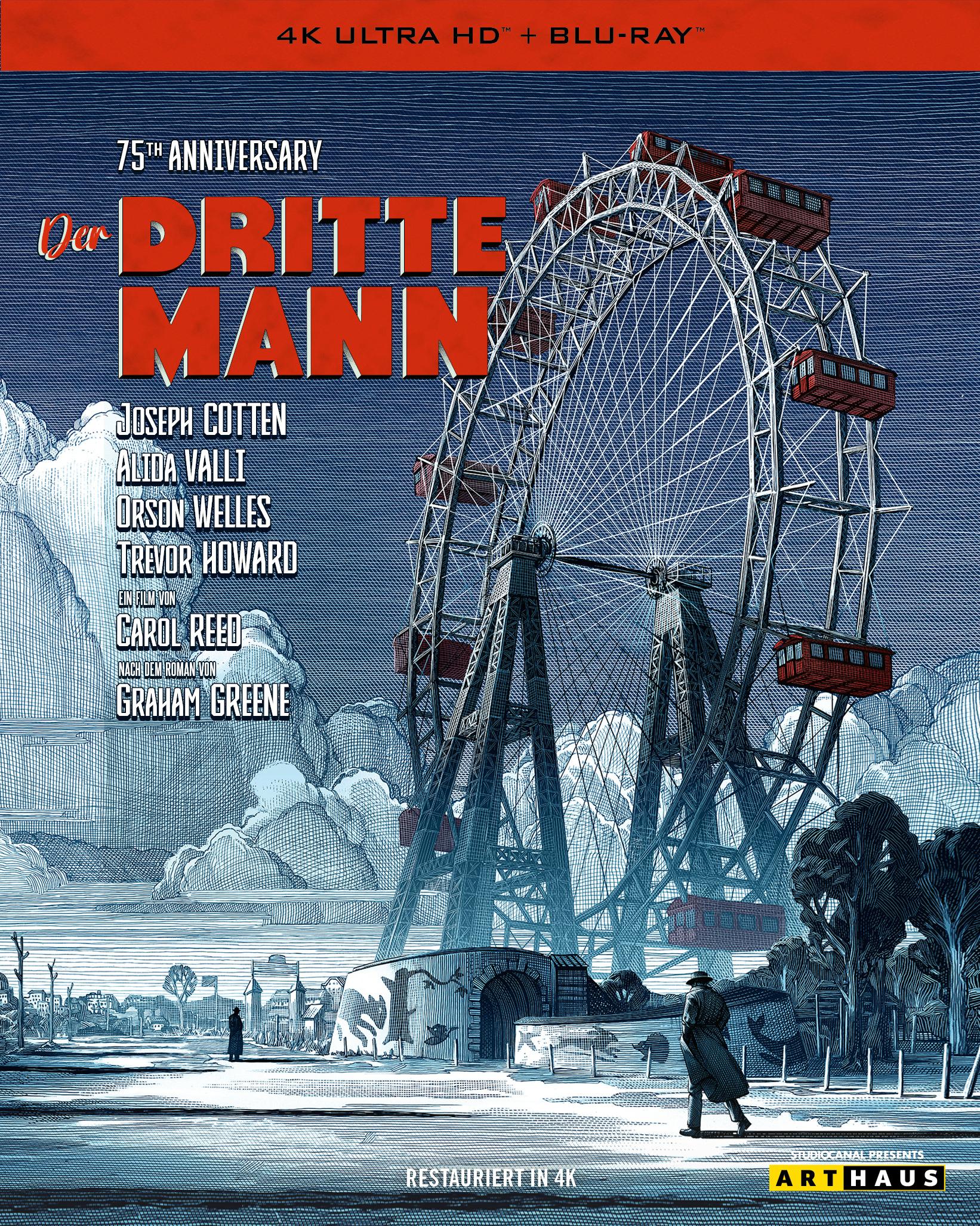 DVD-Cover zum Thriller DER DRITTE MANN: Zeichnung eines Riesenrads auf das ein Mann zugeht. Links daneben steht von oben nach unten ein englichsprachiger Hinweis auf den 75. Jahrestag des Kinostarts, der Filmtitel und die Namen der Hauptdarsteller/-innen Joseph Cotten, Alida Valli, Orson Welles und Trevor Howard sowie des Regisseurs Carol Reed als auch des Drehbuchautors Graham Greene.