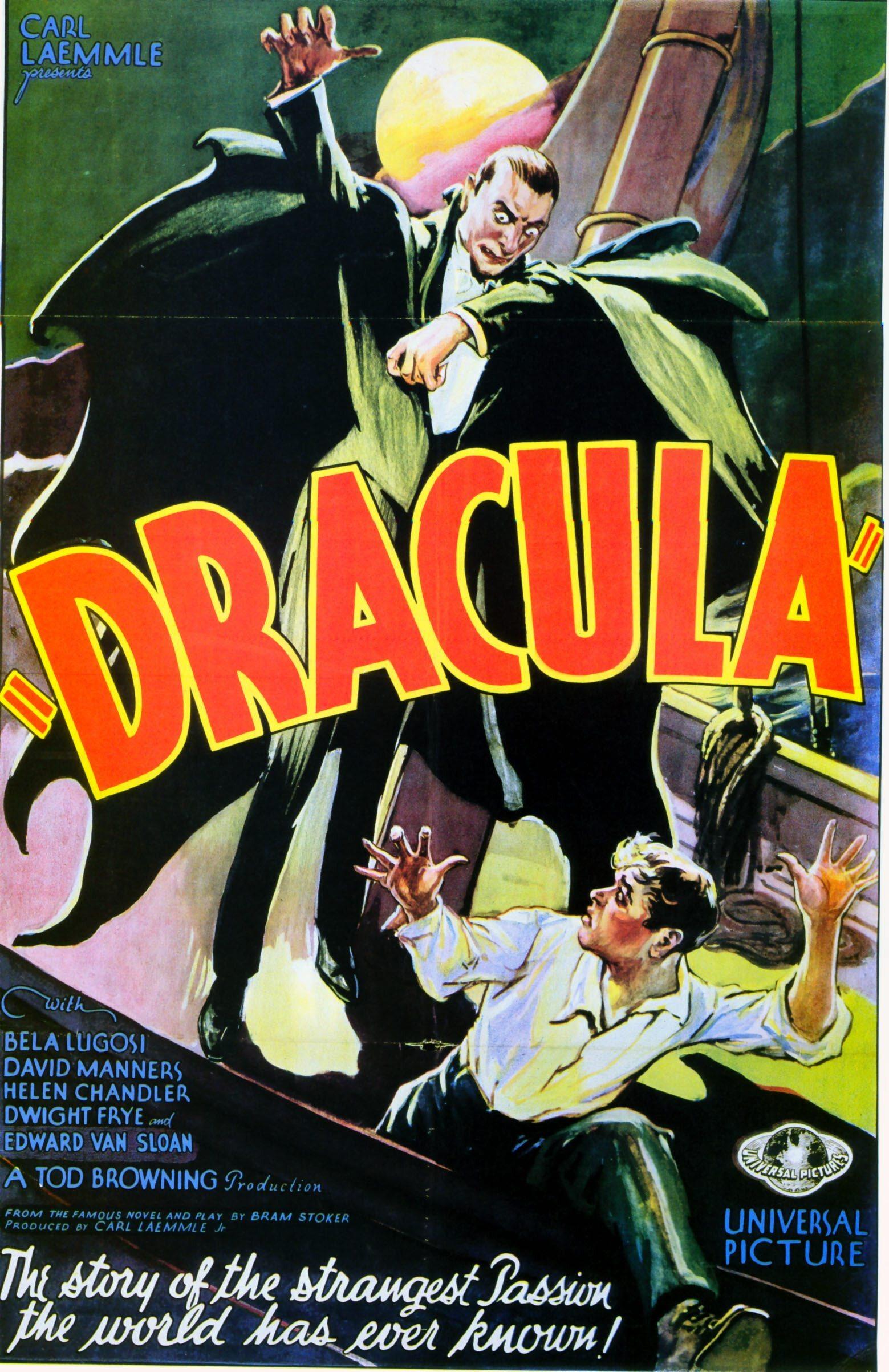 Plakat zum Film DRACULA (1931): Eine große männliche Gestalt mit Smoking und Umhang hält ihren rechten Arm bedrohlich in die Höhe. Über die Mitte ihres Körpers zieht sich der Filmtitel "Dracula". Darunter, zu ihren Füßen, ergreift ein Mann die Flucht.