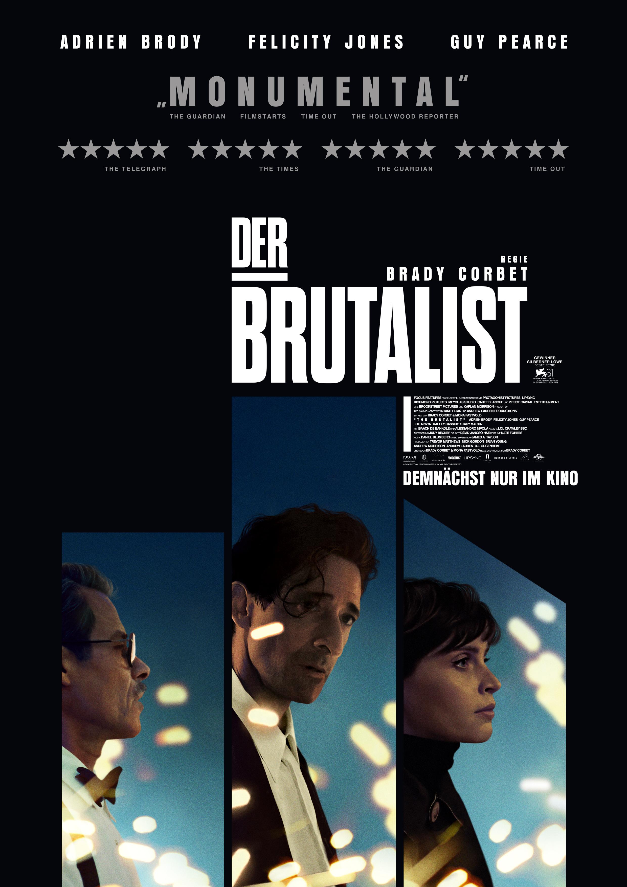 Filmplakat zum Drama DER BRUTALIST: Drei Charakterporträts mit stilisiertem Lichtspiel und großem, weißem Titel auf schwarzem Hintergrund