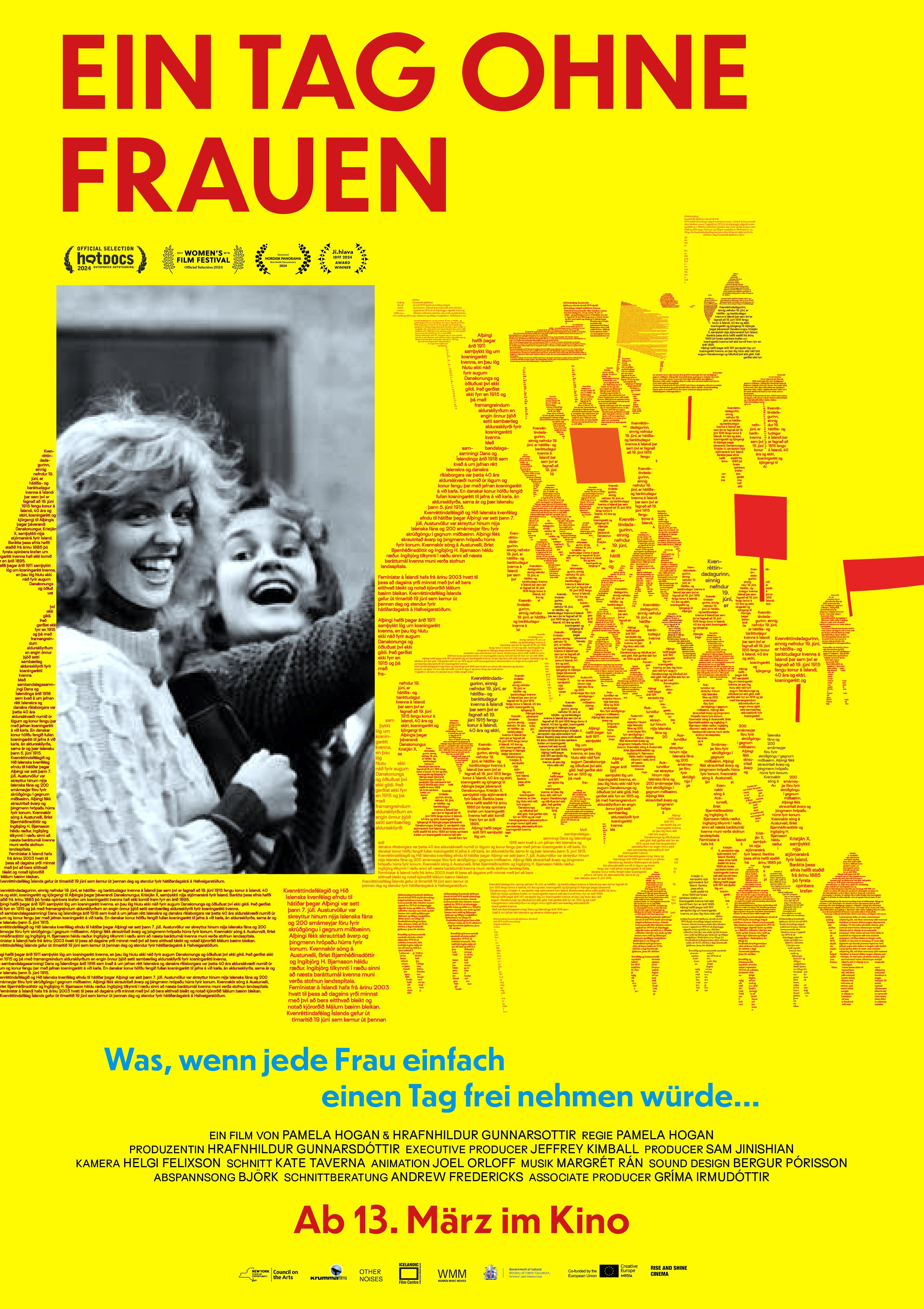 Plakat zum Dokumentarfilm EIN TAG OHNE FRAUEN: Vor gelben Hintergrund ist schemenhaft ein Menschenmenge dargestellt und links daneben ein Schwarz-Weiß-Foto mit zwei lachenden Frauen. Der Filmtitel steht in roten Buchstaben am oberen Bildrand.