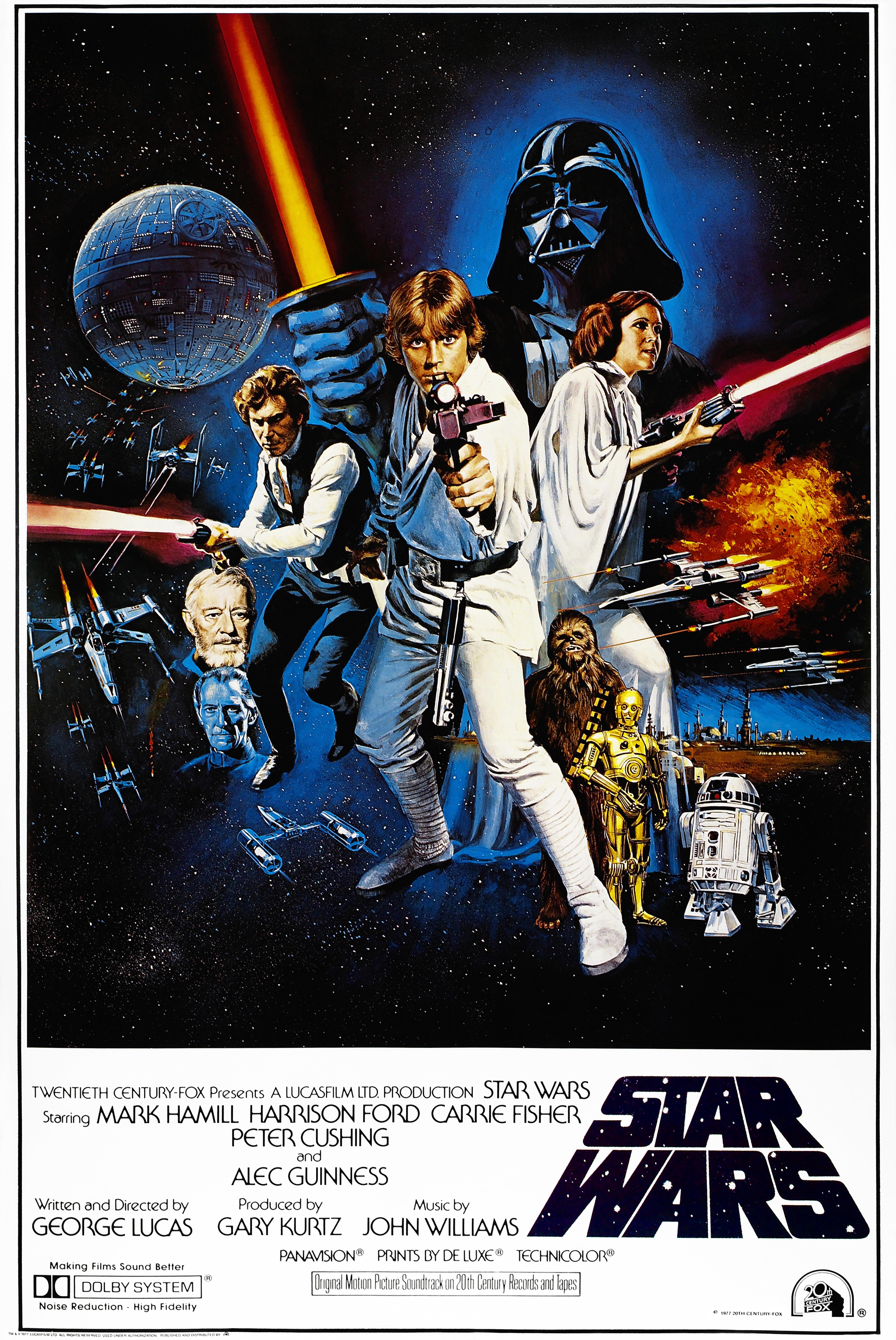 Filmplakat zu "Star Wars: Episode IV – Eine neue Hoffnung": Vor einem dunklen Weltraum-Hintergrund sind die Hauptfiguren des Films angeordnet: Im Vordergrund die Held/-innen, überwiegend weiß gekleidet und in Kampfpositionen. Sie halten Laserschwerte