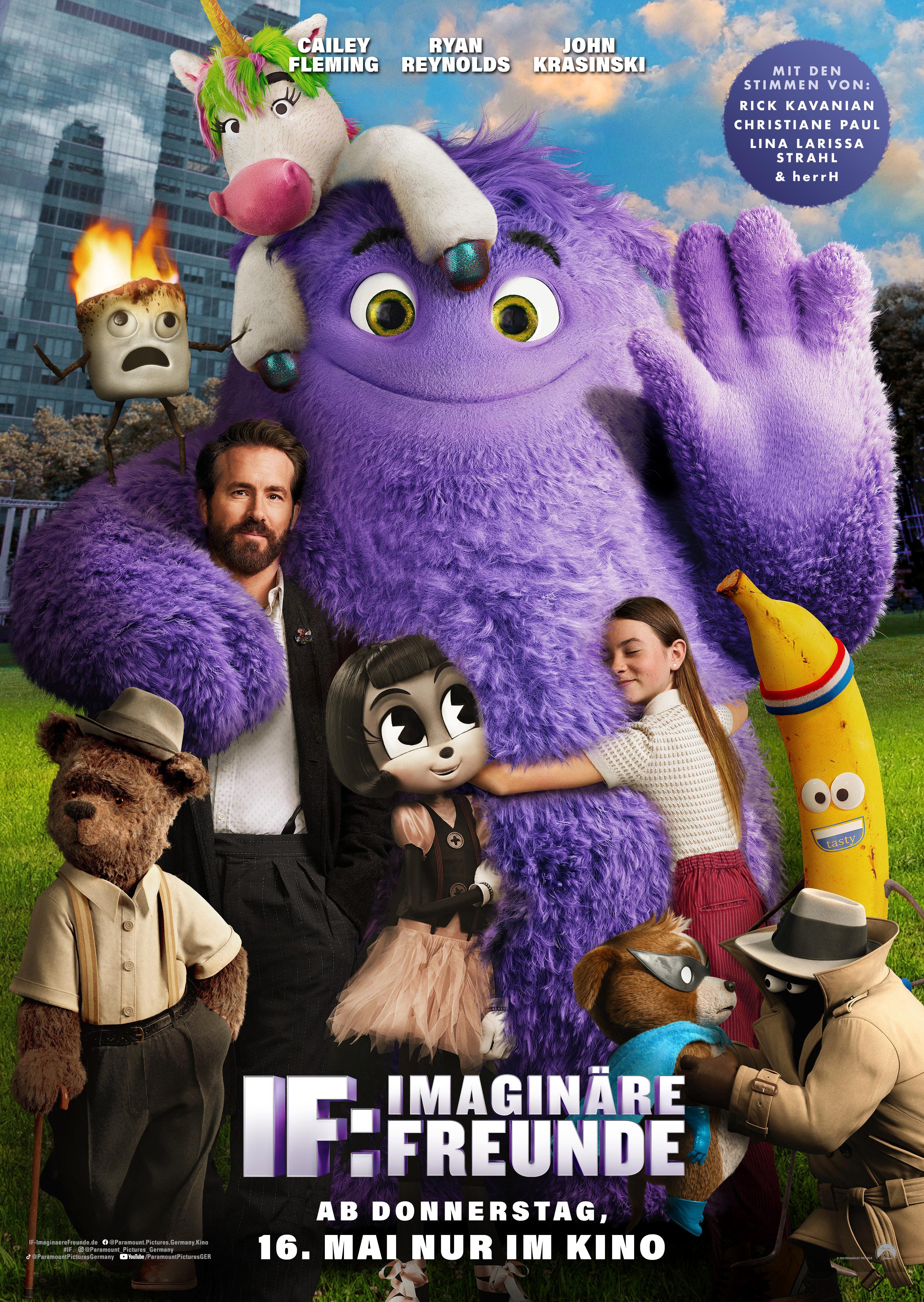 Filmplakat zum Spielfilm "IF: Imaginäre Freunde": In der Mitte des Plakats steht ein großes, lilafarbenes zotteliges Wesen, das freundlich lächelt und winkt. Er hält einen erwachsenen Mann im Arm, ein Mädchen schmiegt sich an seinen Baum. Um ihn heru