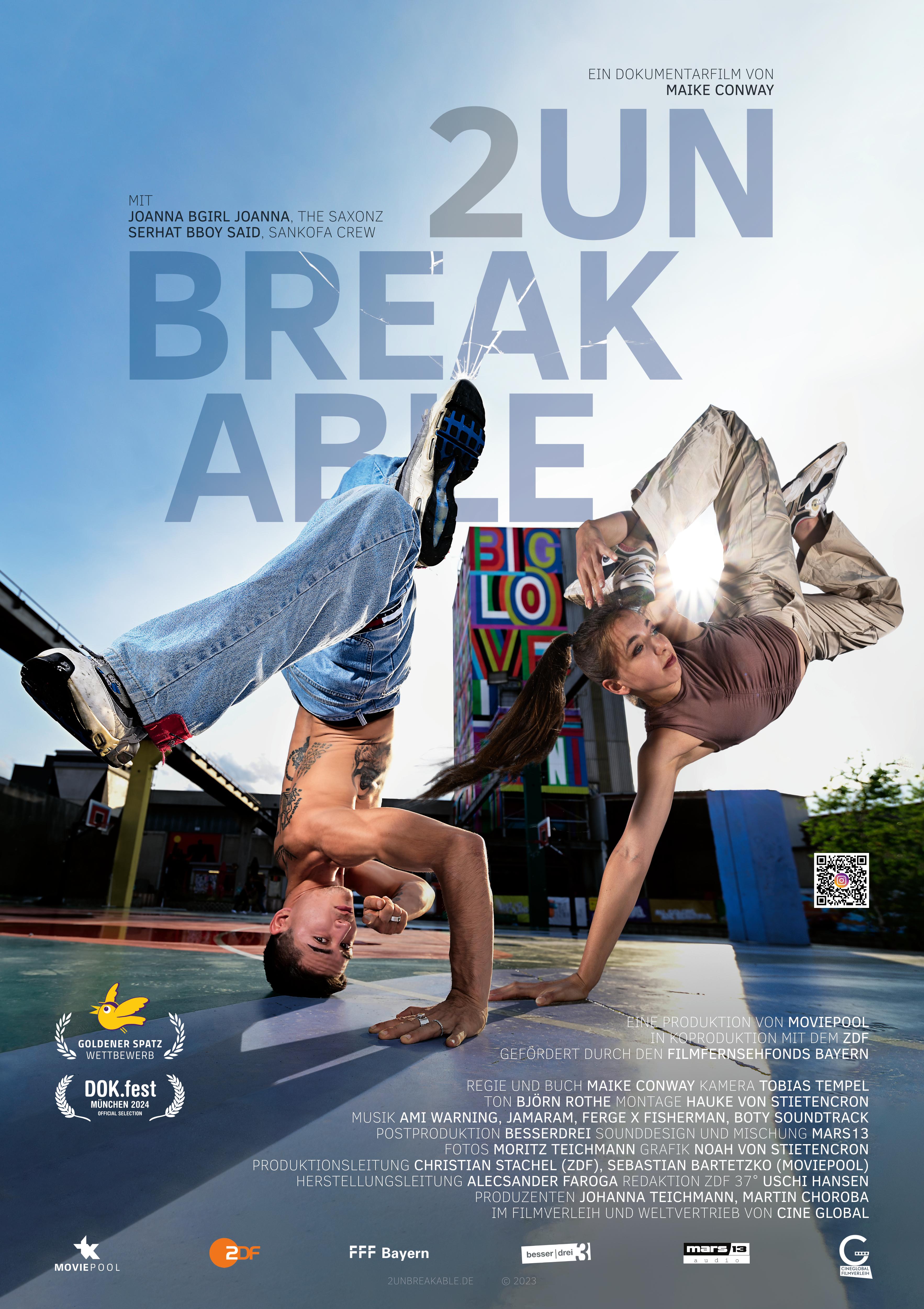 Plakat zum Dokumentarfilm "2unbreakable": Ein Tänzer und eine Tänzerin machen jeweils eine Breakdance-Move.