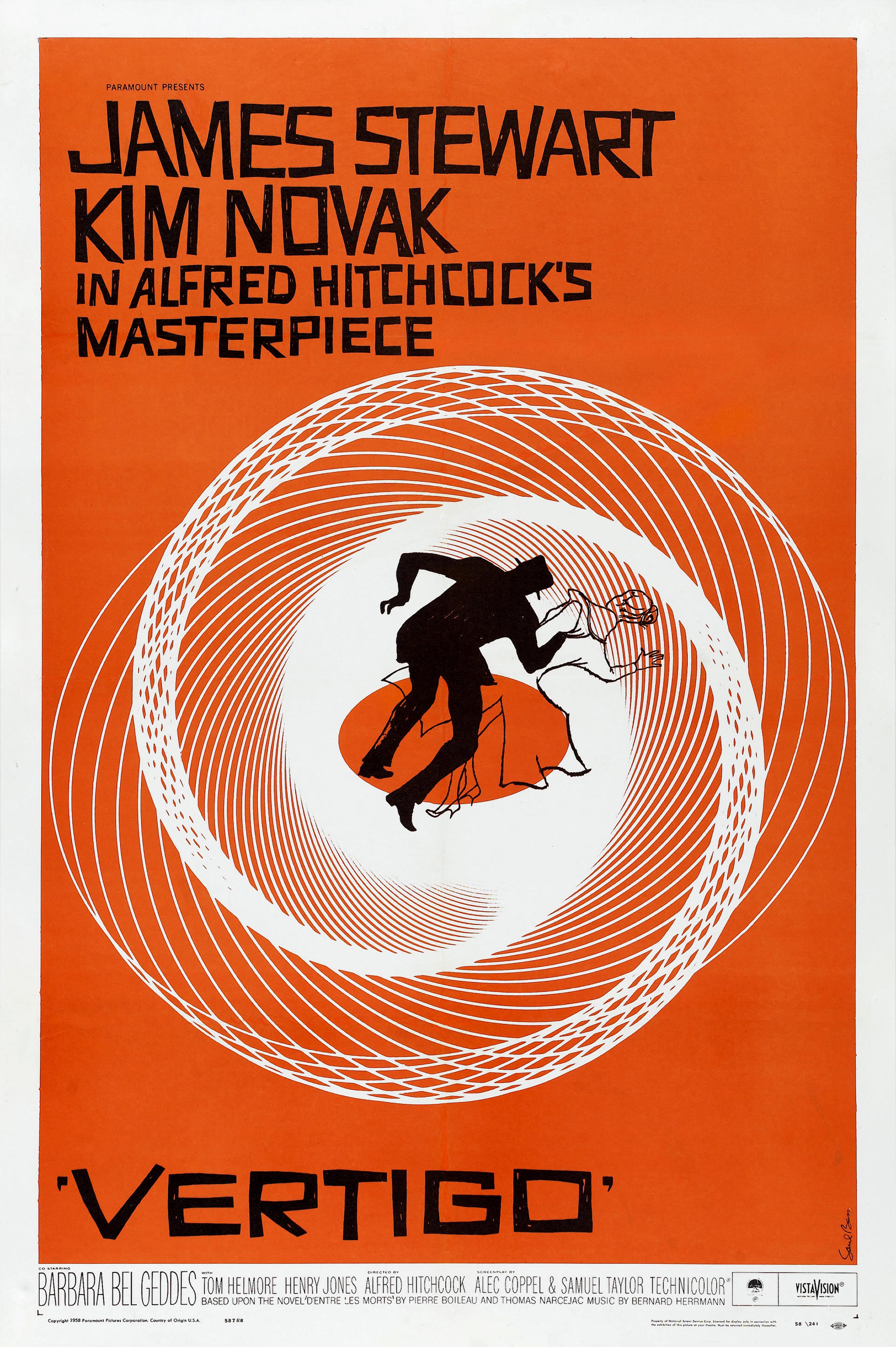 Plakat zum Film "Vertigo": Ein Mann und eine Frau sind - er als Sihouette, sie in schwarzer Umrissline - in taumelnder Körperhaltung in einem weißen grafischen Wirbel vor orangerotem Hintergrund zu sehen. Darüber steht links ausgerichtet in schwarzer S