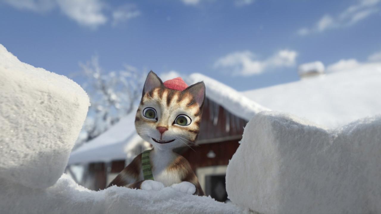 Eine kleine animierte Katze mit roter Mütze und grüner Latzhose steht vor Schneeblöcke und sieht neugierig und glücklich aus. Im Hintergrund ist eine verschneite Hütte. 