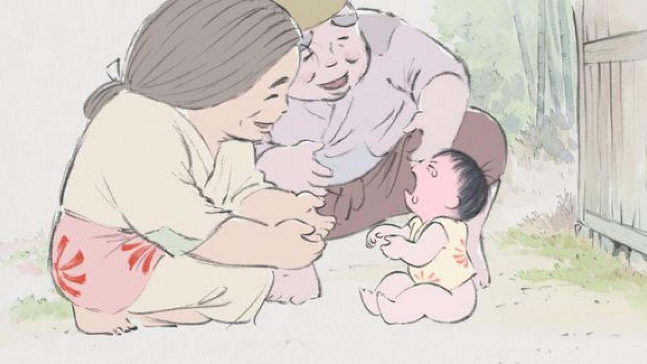 In Animation: Zwei ältere Menschen bucken sich lächelnd vor ein schreiendes Baby