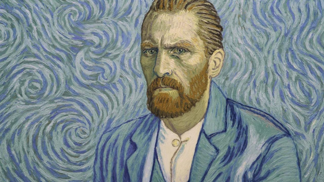 Gemälde eines Mannes mit rotem Bart und blauen Anzug vor wirbelndem Hintergrund im Stil von Van Gogh.