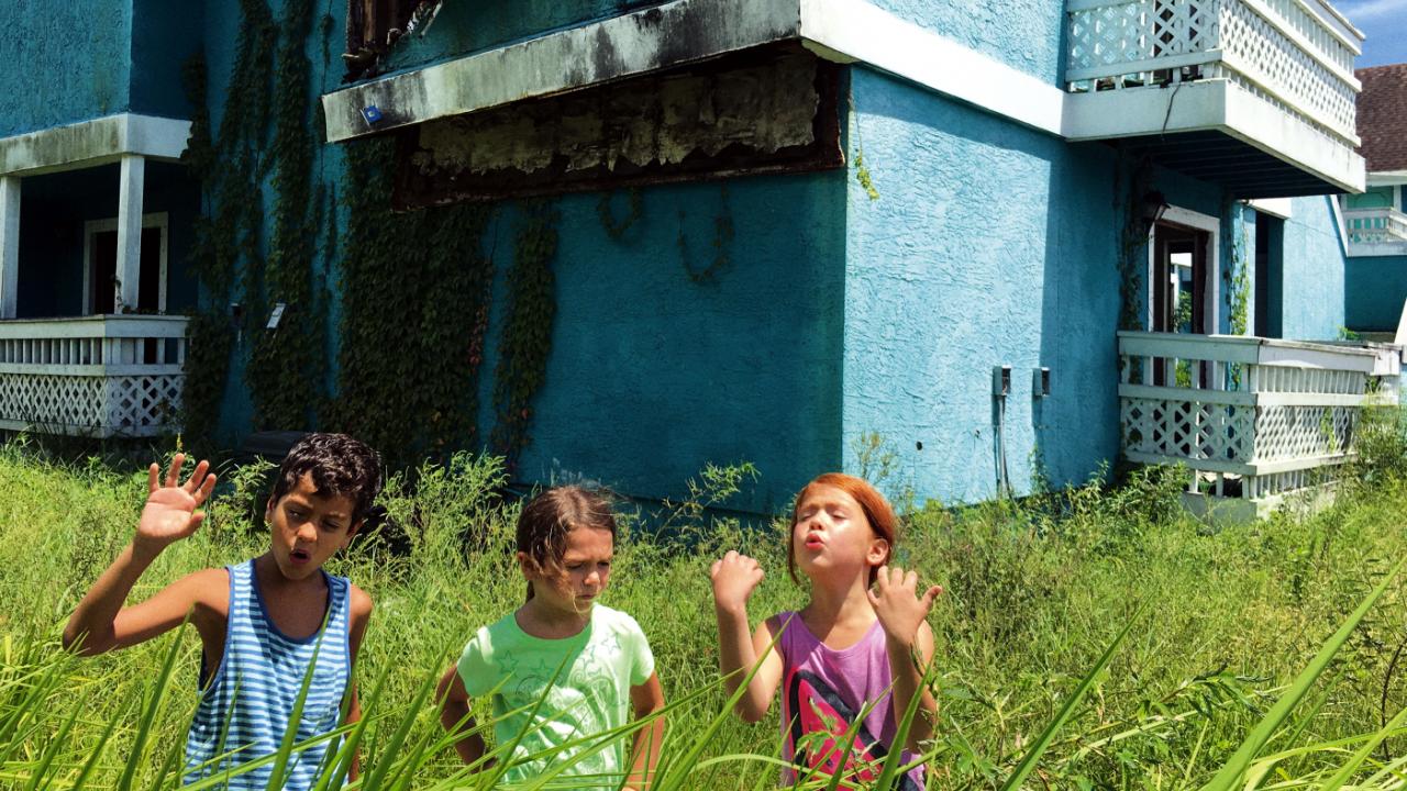 The Florida Project - Szenenbild: Drei Kinder stehen im hohen Gras, dahinter ein türkisfarbenes Haus.