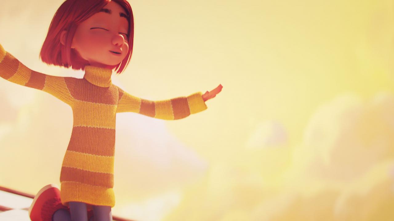 Mina und die Traumzauberer, Szenenbild aus dem Animationsfilm: Ein Mädchen in einem gelb-orange-gestreiften Pullover. Sie hat die Augen geschlossen und die Arme ausgebreitet. Der Himmel ist in einem warmen Gelbton gehalten.