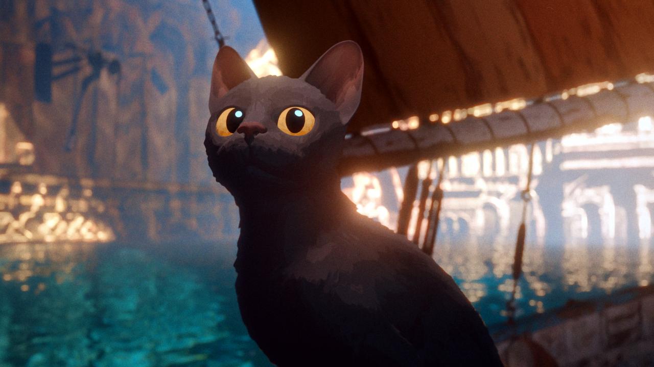 Filmstill aus dem Animationsfilm FLOW: Nahaufnahme einer schwarzen Katze. die auf einem Segelboot sitzt. Im Hintergrund ist Wsser zu erkennen.