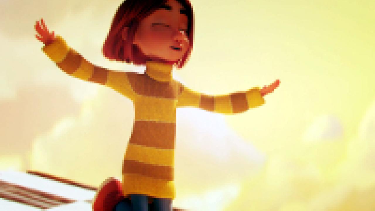 Mina und die Traumzauberer, Szenenbild aus dem Animationsfilm: Ein Mädchen in einem gelb-orange-gestreiften Pullover. Sie hat die Augen geschlossen und die Arme ausgebreitet. Der Himmel ist in einem warmen Gelbton gehalten.