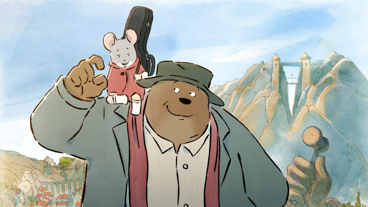 Ernest und Célestine – Die Reise ins Land der Musik, Szenenbild aus dem Zeichentrickfilm: Ein Bär in Mantel und Hut trägt eine kleine graue, rot gekleidete Maus auf seiner Schulter. Sie hat einen Geigenkasten dabei. Bär und Ma