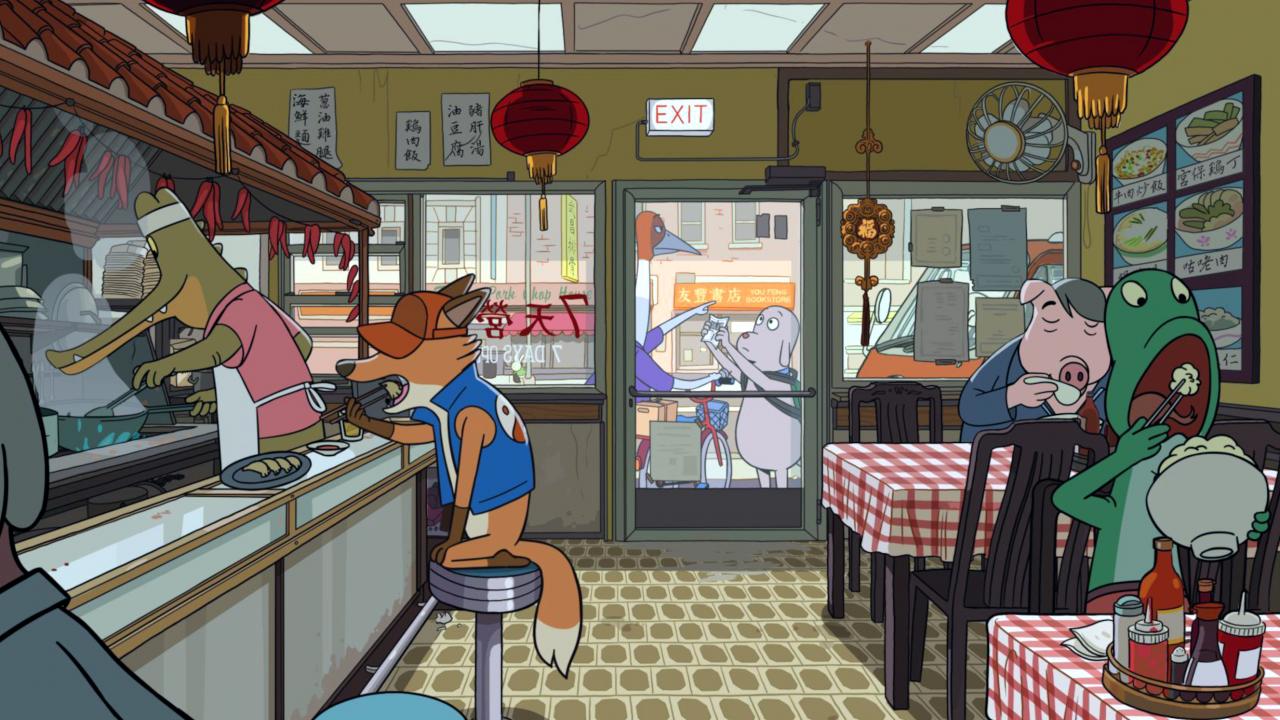 Szenenbild aus dem Animationsfilm ROBOT DREAMS: Blick in ein chinesisches Restaurant, in dem ein Frosch, ein Schwein und ein Fuchs essen. Hinter dem Tresen steht ein Krokodil mit Stirnband.