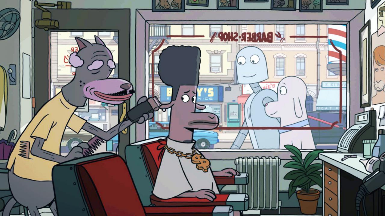 Szenenbild aus dem Animationsfilm ROBOT DREAMS: In einem Friseursalon schneidet ein Hund einem Schaf seine schwarzen Haare kürzer. Vor dem Fenster laufen ein Hund und ein Roboter vorbei.