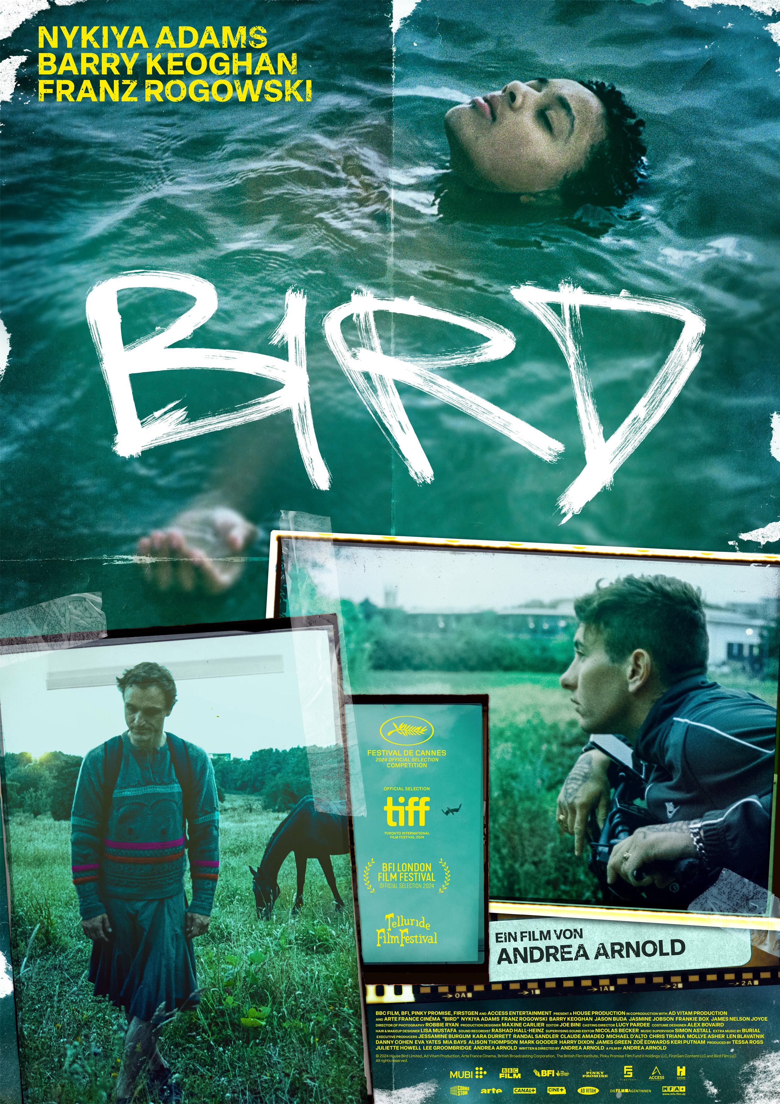 Filmplakat zum Drama BIRD: Eine junge Frau treibt mit geschlossenen Augen im Wasser. Titel in weißer Pinseloptik. Weitere Bilder zeigen männliche Charaktere in ländlicher Umgebung.