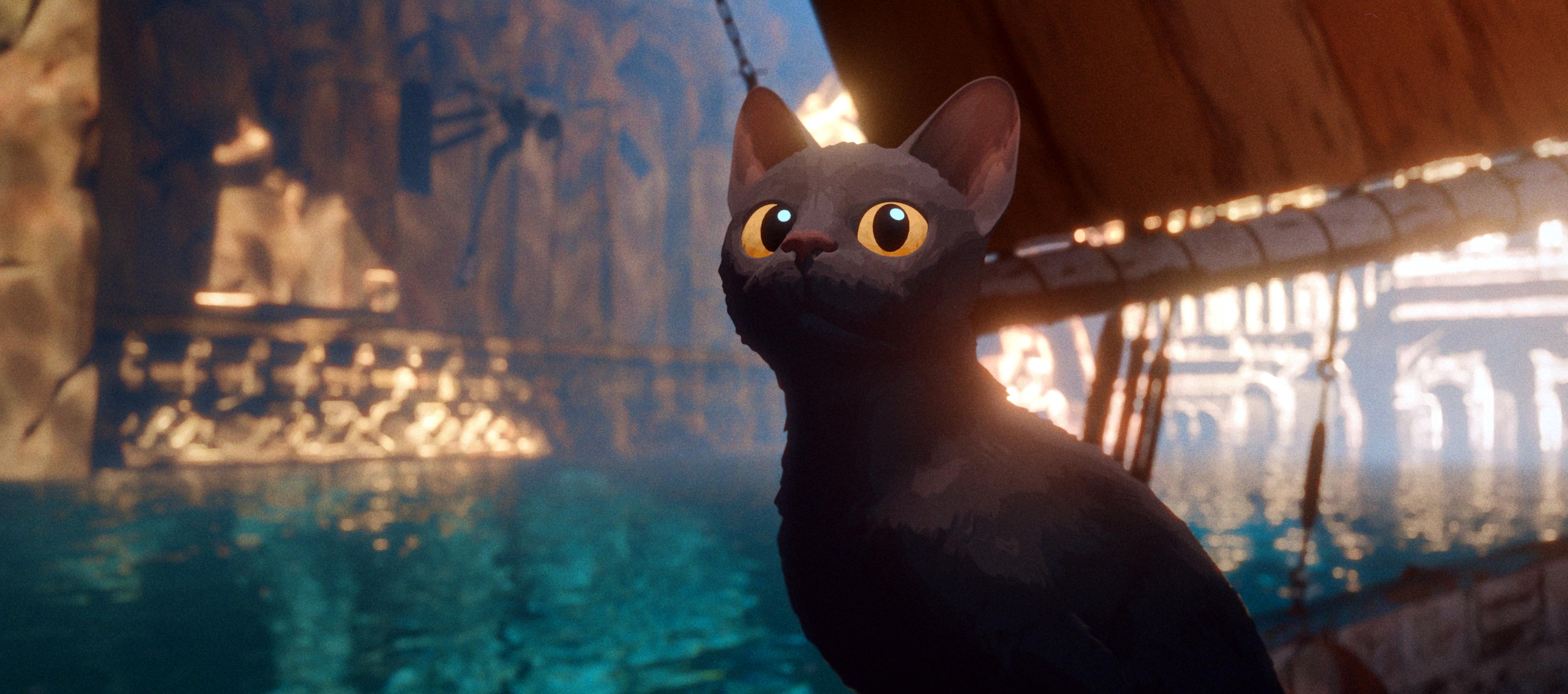 Filmstill aus dem Animationsfilm FLOW: Nahaufnahme einer schwarzen Katze. die auf einem Segelboot sitzt. Im Hintergrund ist Wsser zu erkennen.