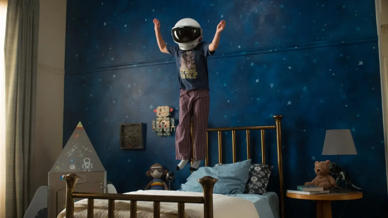 Kind springt auf Bett in Astronautenhelm, blau gestrichenes Kinderzimmer mit Sternen, Raumfahrt-Deko und Spielzeugen.