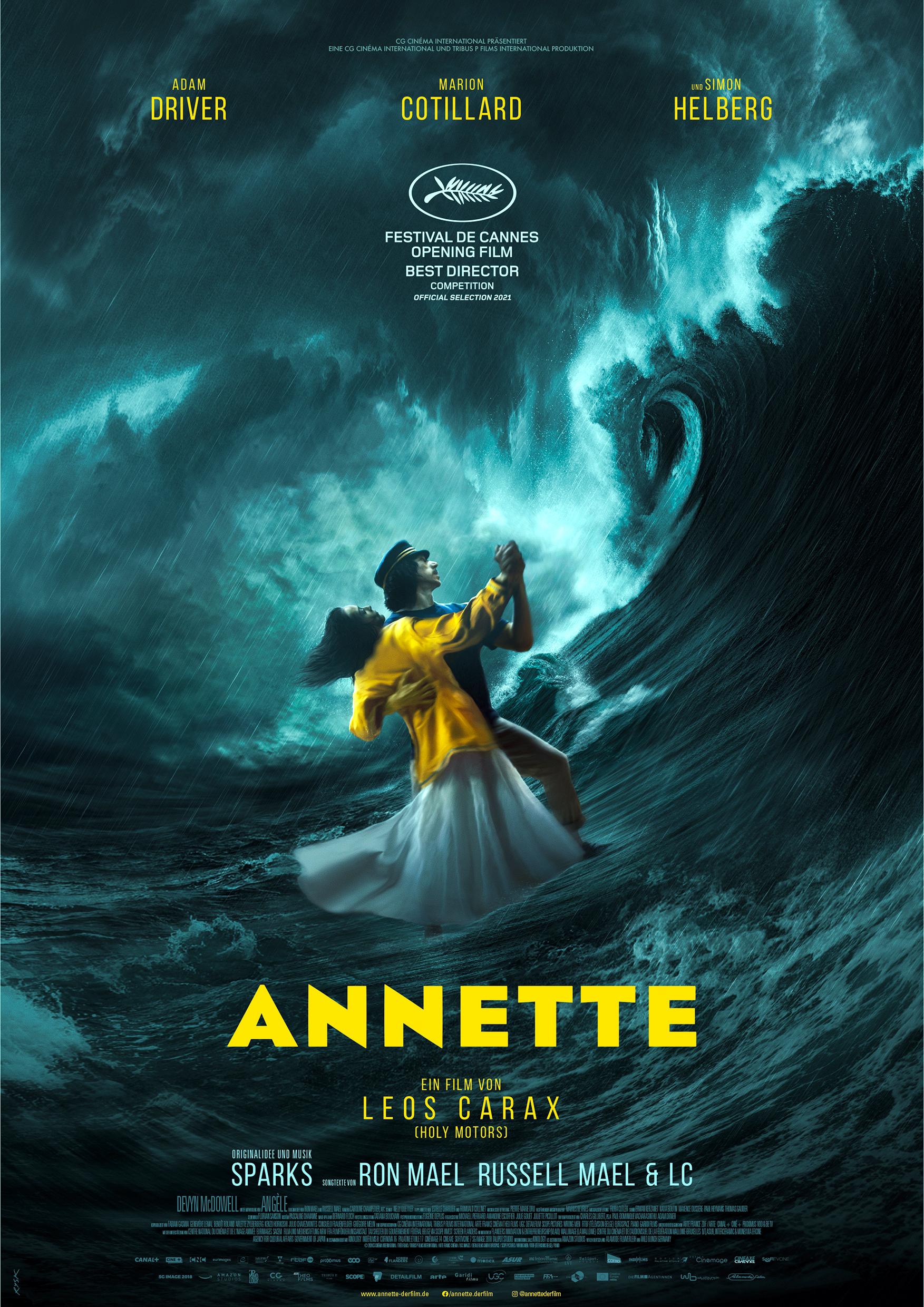 Filmplakat zum Spielfilm "Annette": Ein Mann mit Matrosenmütze und Frau tanzen auf tosenden Riesenwellen. Unter dem Paar steht in gelber Schrift der Filmtitel.