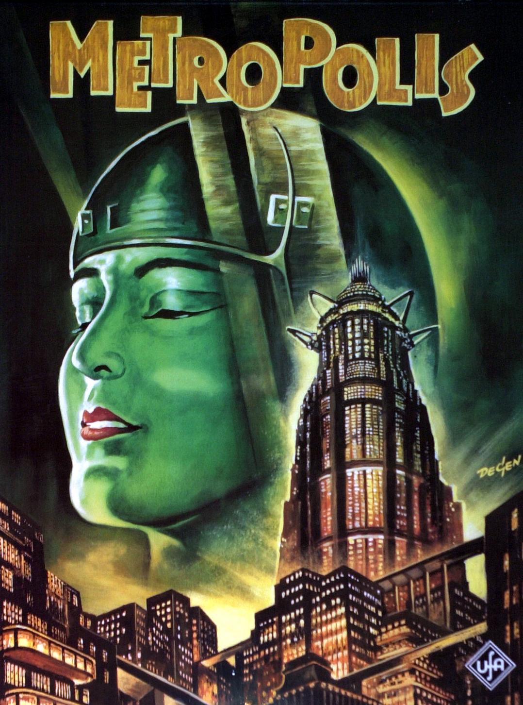 Filmplakat zum Stummfilm-Klassiker METROPOLIS: Fast bildfüllend ist ein gemaltes, grünes Gesicht einer Frau hinter einer utopisch wirkenden Stadtkulisse zu sehen. 