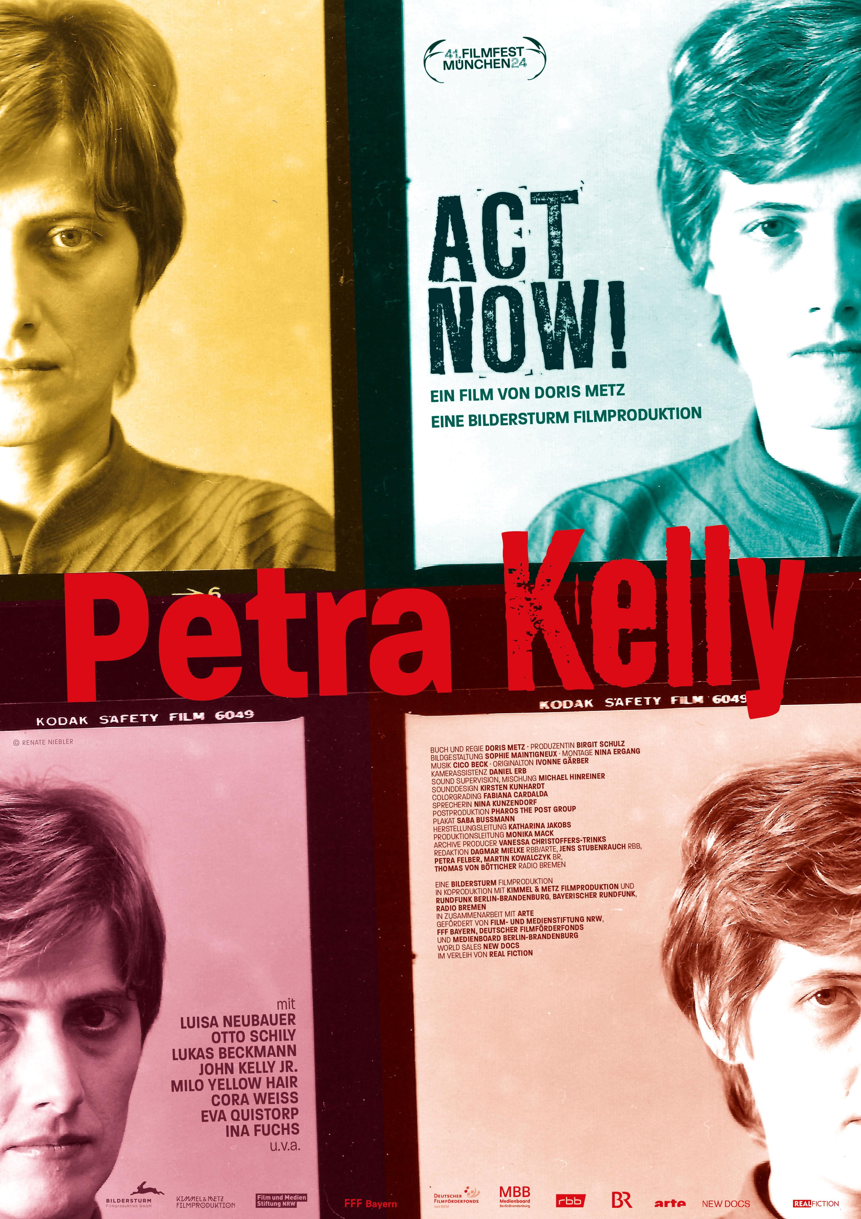 Filmplakat zum Dokumentarfilm PETRA KELLY – ACT NOW !: Ein Bild der Grünen-Politikerin Petra Kelly wird viermal und in angeschnitten nebeneinandergesetzt. Ihr Name steht in der Mitte des Bildes