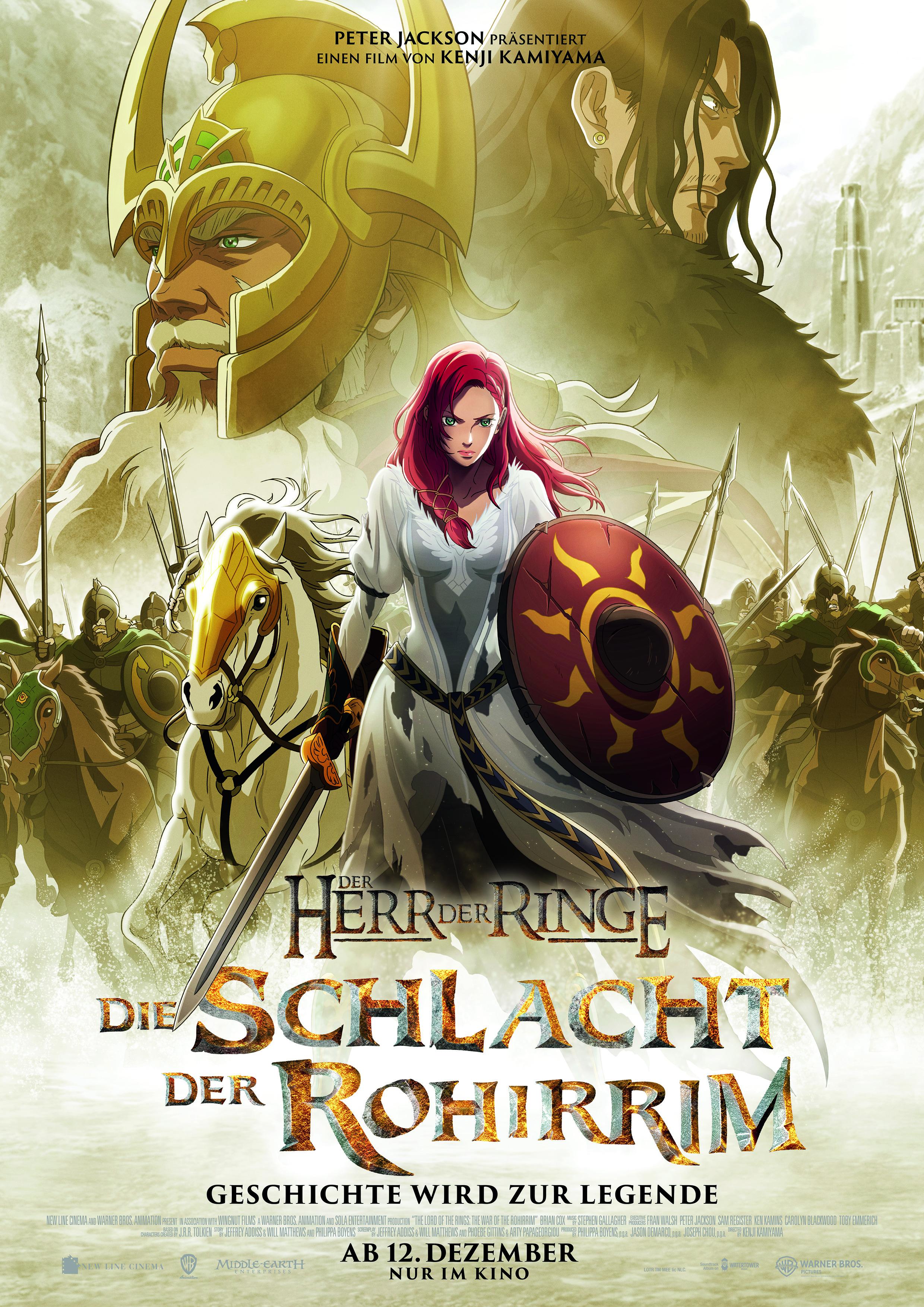 Filmplakat zum Anime DER HERR DER RINGE: DIE SCHLACHT DER ROHIRRIM: Eine rothaarige Frau  mit Schwert und Schild steht vor Reitern auf Pferden.