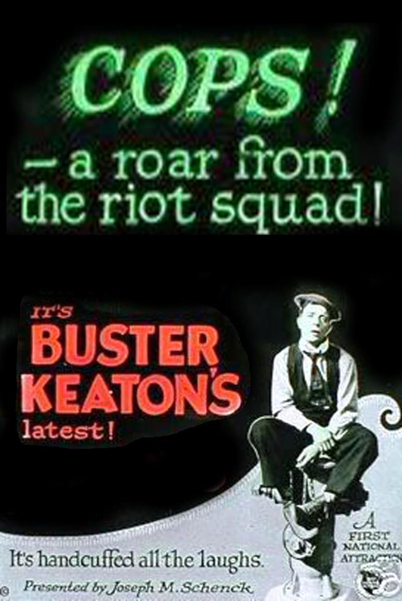 Englisches Filmplakat zum Stummfilm Buster und die Polizei (USA 1922): Das Plakat ist in Grau und Schwarz gehalten. in der unteren rechten Bildecke sitzt der Schauspieler Buster Keaton auf einem Hydranten. In der oberen Bildhälfte