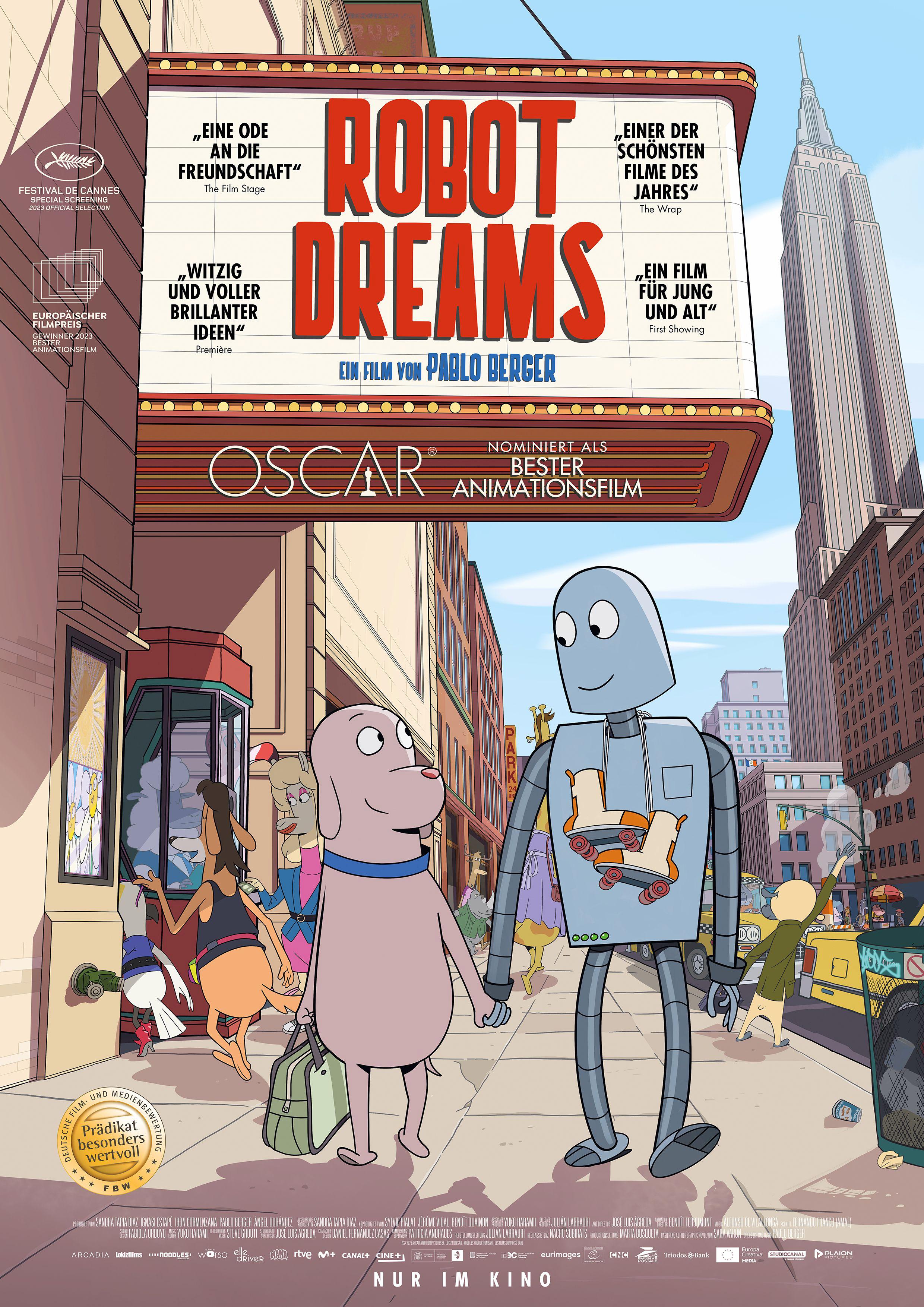 Plakat zum Animationsfilm "Robot Dreams": Ein Hund und ein Roboter laufen händchenhalten auf den Betrachter zu. Auf der Straße sind Tiere zu sehen, im Hintergrund das Empire State Building in New York. Über ihnen ist ein Reklametafel für ein Kino, auf