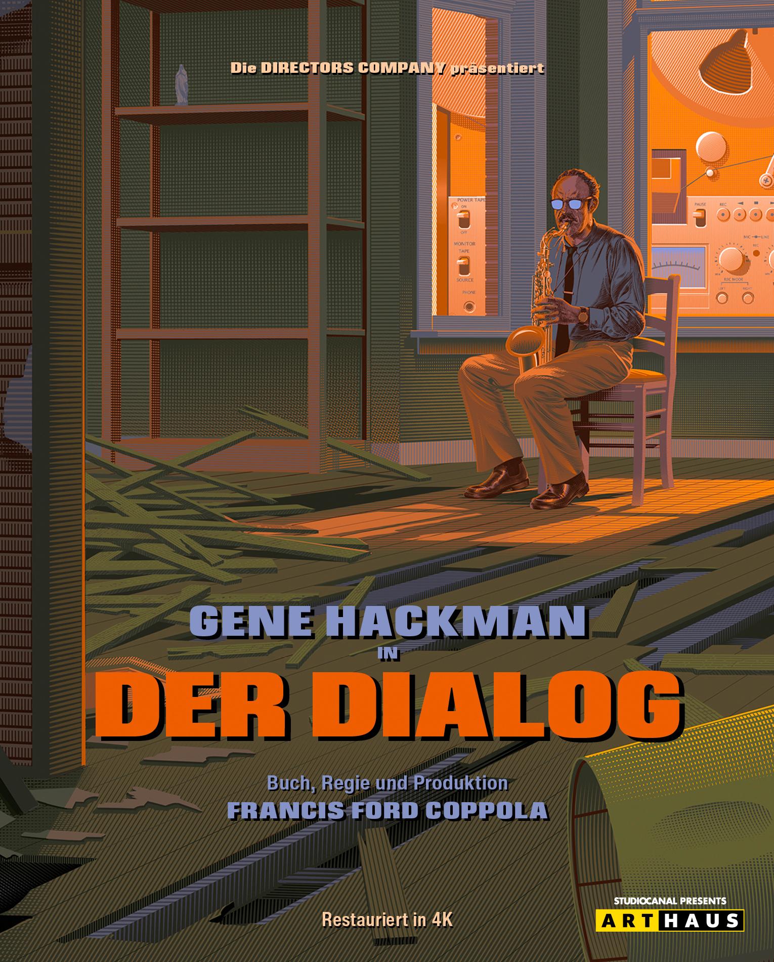 Filmplakat zum Thriller "Der Dialog": Auf dem in Grau-und Orangetönen gehaltenen Bild im Stil einer Graphic Novel sitzt ein Mann mit hoher Stirn und Schnurrbart in einem dunklem Zimmer mit aufgerissenem Holzdielenboden auf einem Stuhl. Er trägt eine ref