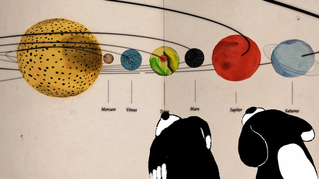 Zeichentrick: Zwei Hunde stehen in der Rückenansicht am unteren rechten Bildrand und betrachten ein Modell des Planetensystems.