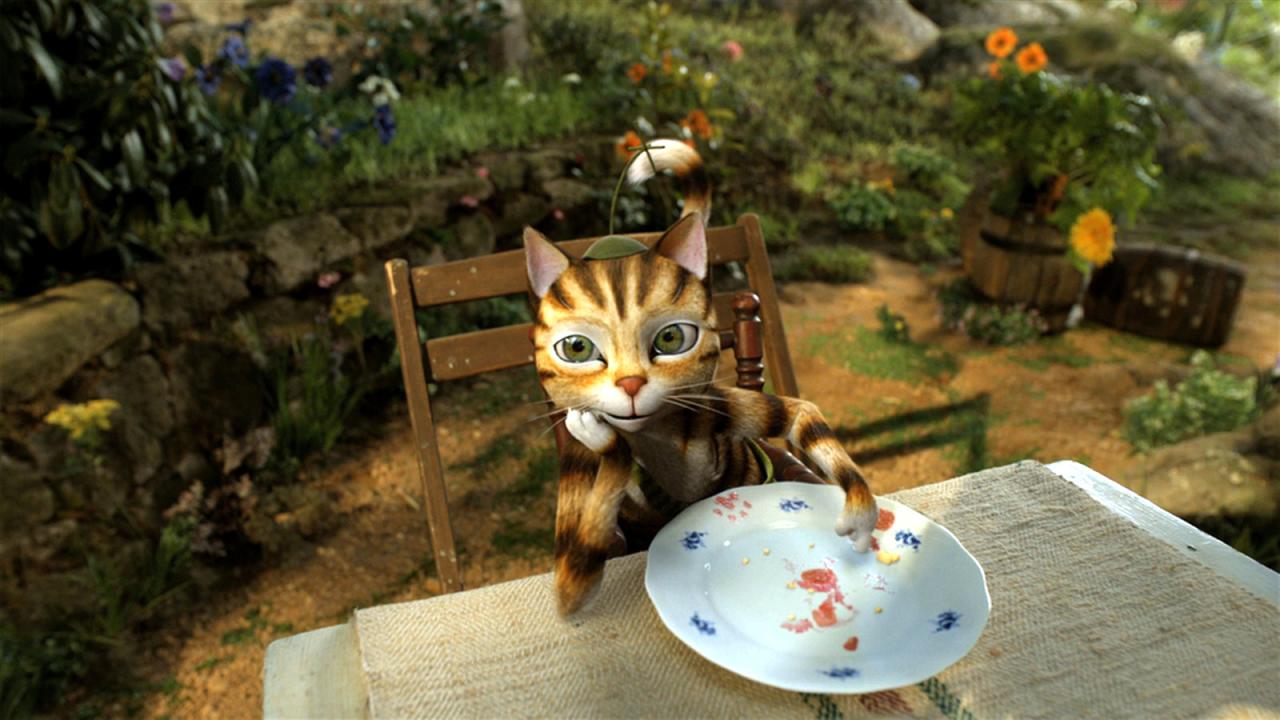 Szenenbild aus dem Animationsfilm "Pettersson und Findus. Kleiner Quälgeist – große Freundschaft": Eine Katzen (in Form einer Puppenfigur) sitzt an einem Tisch. Vor ihr steht ein Teller mit Kuchenkrümeln.