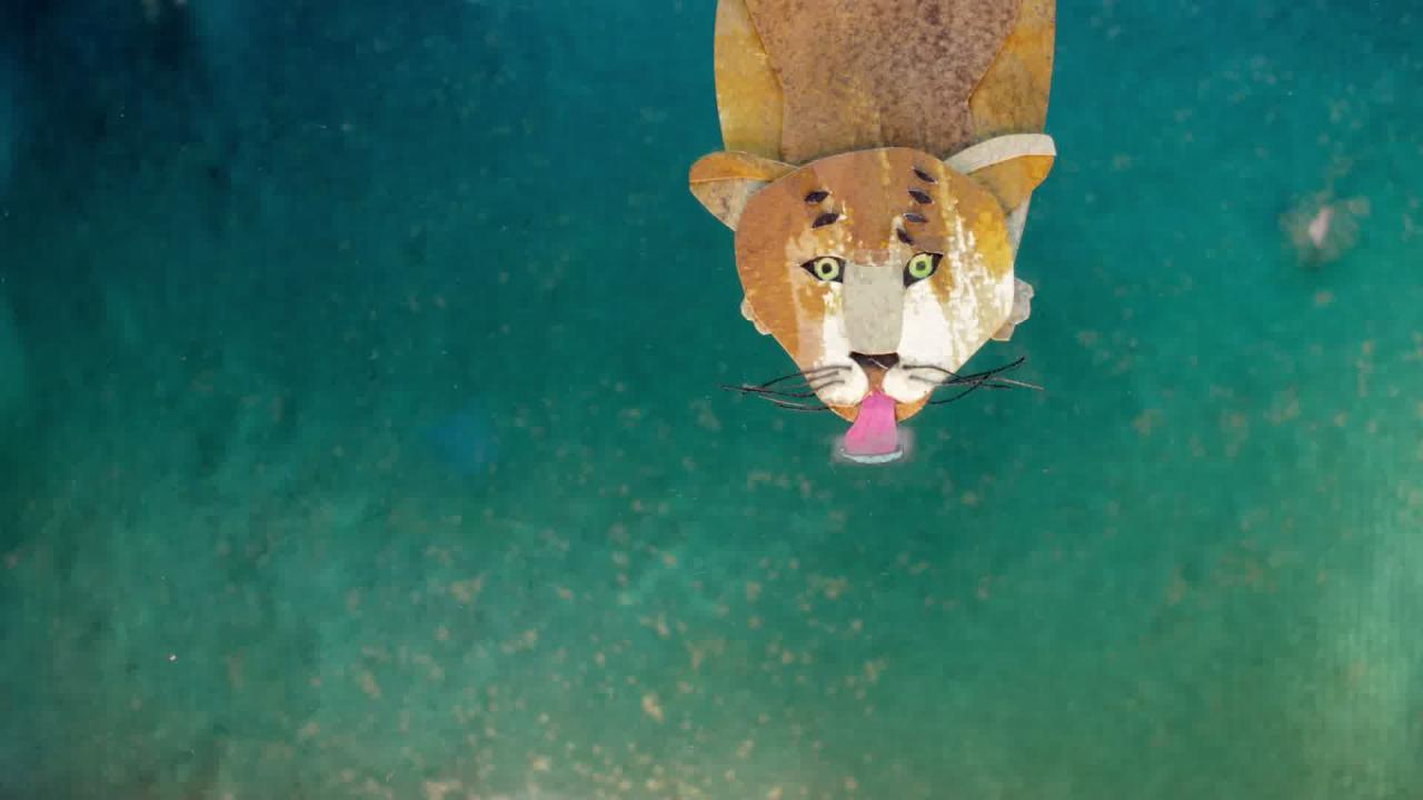 Land without Evil, Szenenbild aus einem Animationsfilm: Ein Tiger am oberen rechten Rand trinkt türkisfarbenes Wasser. Nur sein Kopf ist zu sehen. Er ragt von oben ins Bild hinein.