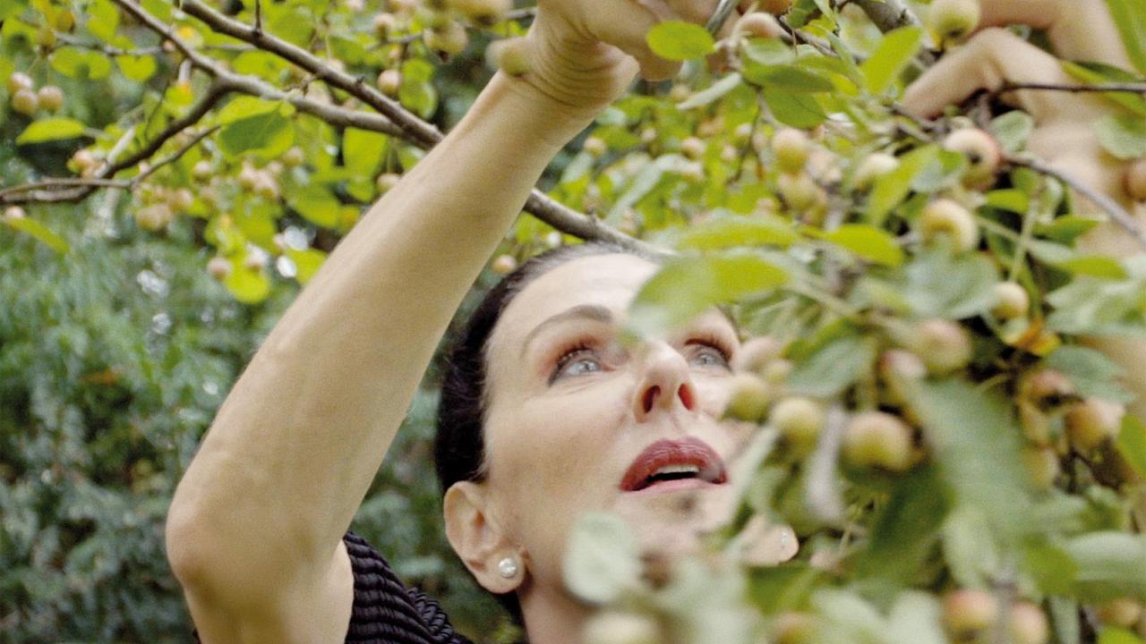 Lebenszeichen – Jüdischsein in Berlin, Szenenbild: Nahaufnahme einer dunkelhaarigen Frau, die Zweige eines Mirabellenbaums schneidet