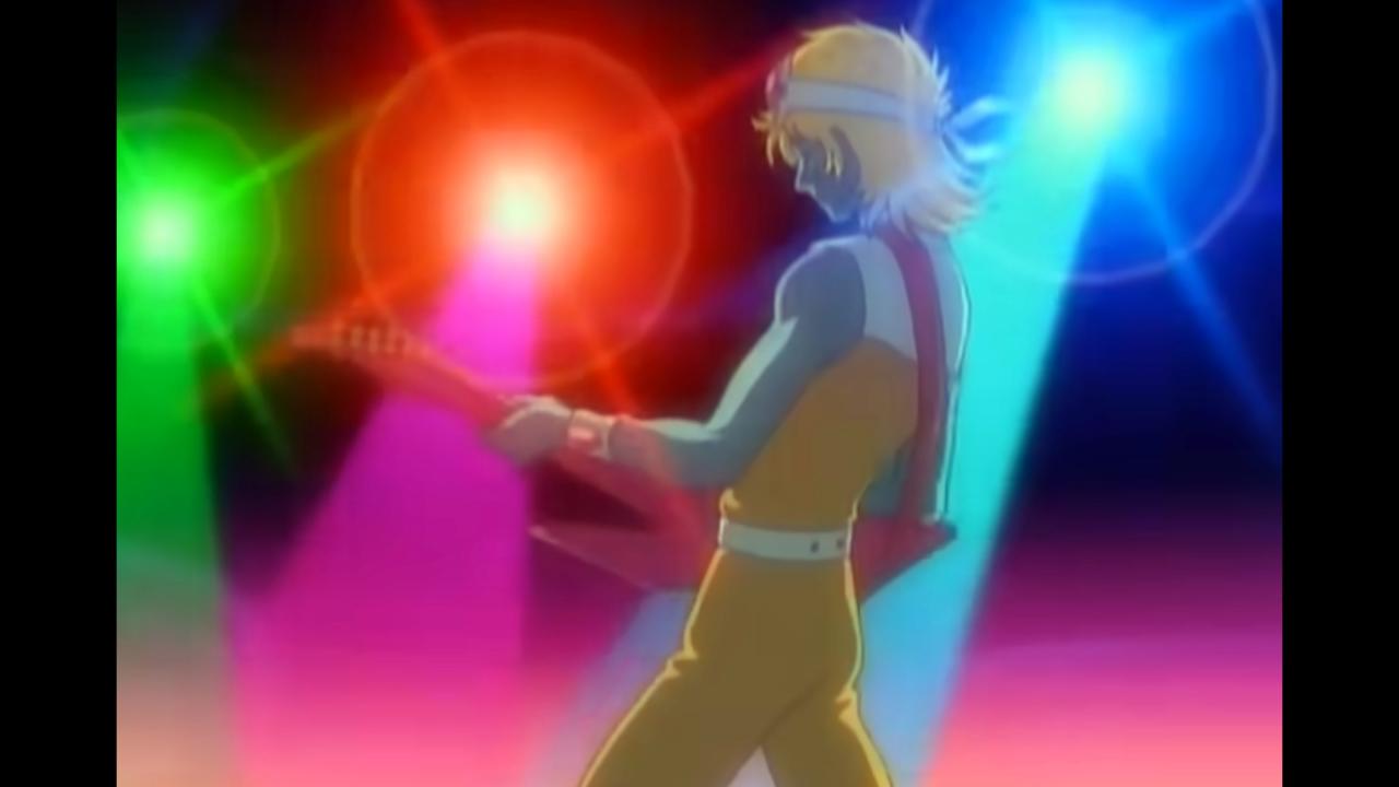 ONE MORE TIME – Filmstill aus dem Musikvideo von Daft Punk: Im Anime-Stil ist ein Gitarrenspieler vor Lichtern zu sehen.