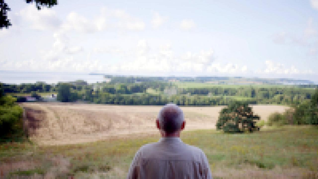 Wem gerhört mein Dorf, Szenenbild: Rückenansicht einer Person vor einer Küstenlandschaft