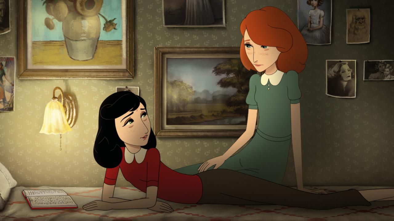 Wo ist Anne Frank, Szenenbild aus dem Animationsfilm: Zwei Mädchen, eines mit schwaren, das andere mit roten Haaren, unterhalten sich. Das schwathaarige Mädchen liegt. Die Stimmung ist abendlich.