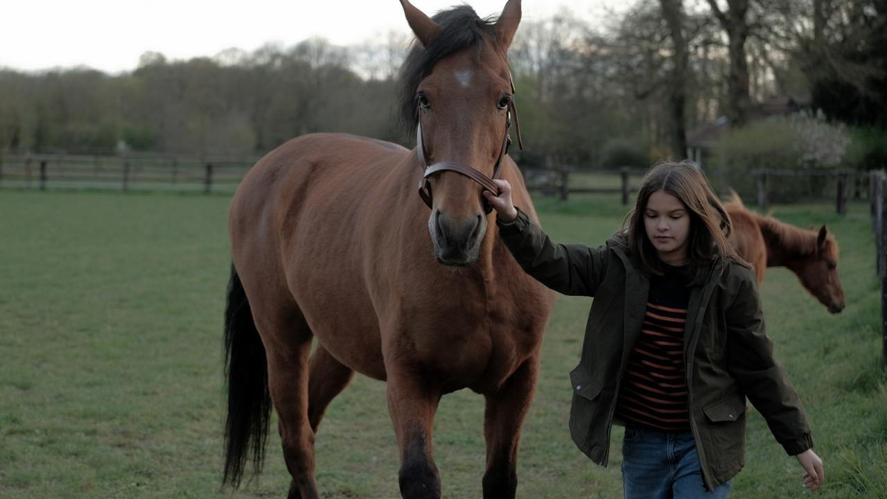 Zoe & Sturm, Szenenbild: Ein Mädchen im Teenager-Alter führt ein braunes Pferd am Halfter.