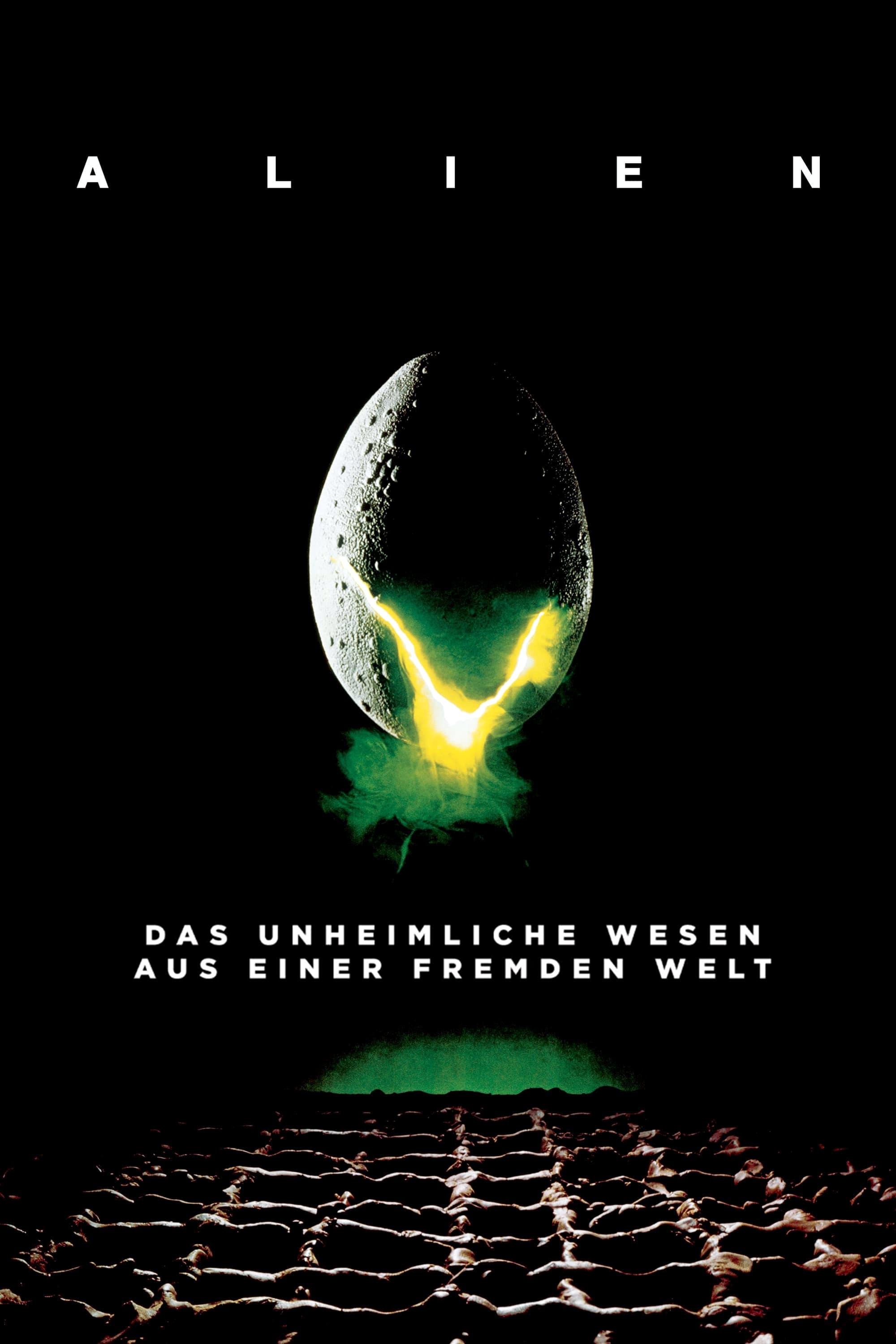 Deutsches Palakt zum Film ALIEN: Das Plakat zeigt ein Alien-Ei in der Mitte vor einem schwarzen Hintergrund. Über dem Ei befindet sich Filmtitel, darunter die Logline "Das unheimliche Wesen aus einer fremden Welt".