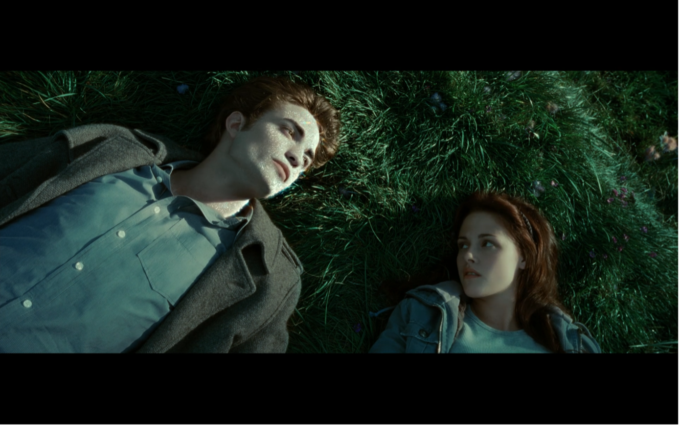 Screenshot aus dem Film TWILIGHT: Edward und Bella liegen zusammen auf einer Wiese.