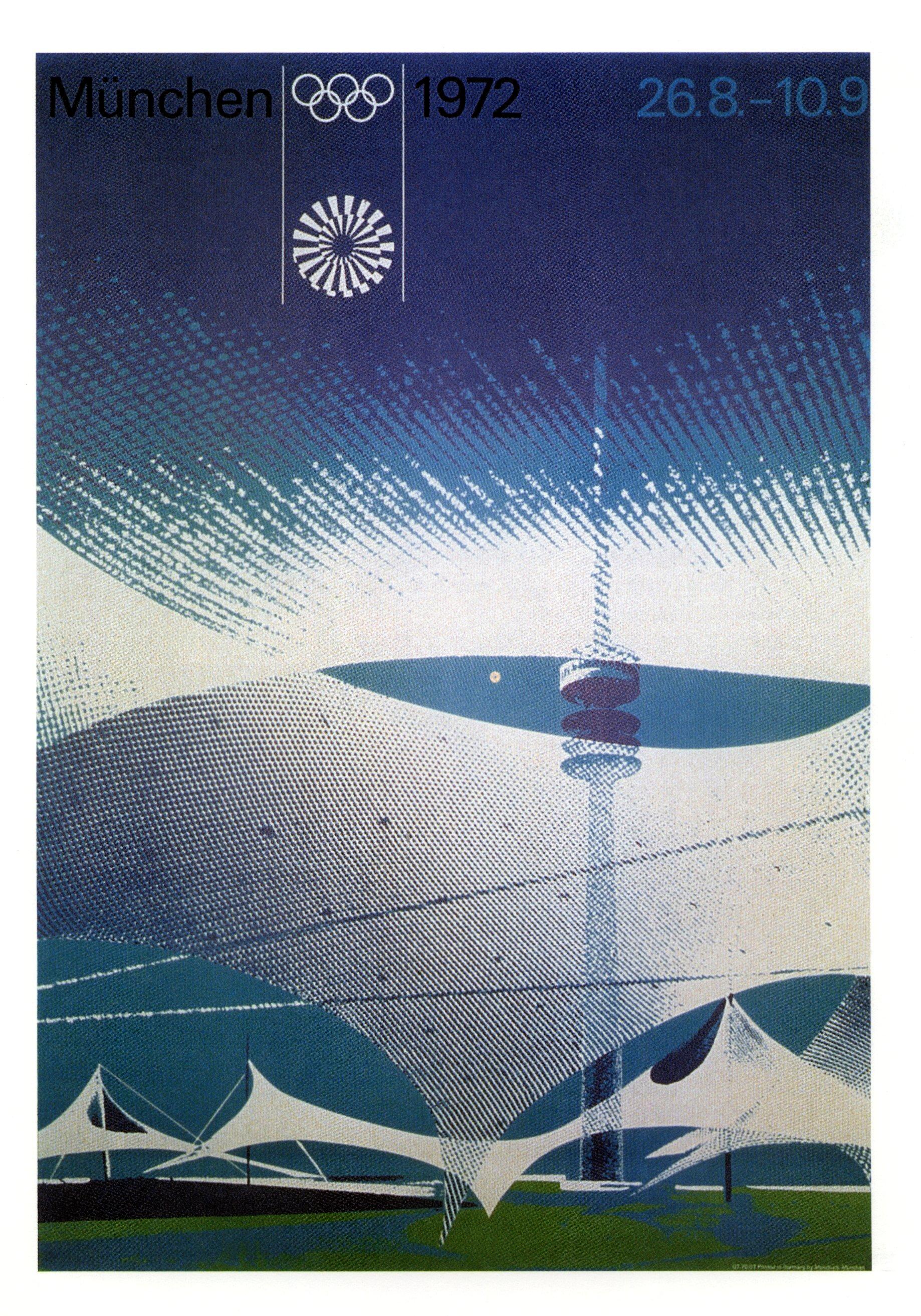 Plakat mit dem Dach des Münchner Olympia-Stadions für die Olympischen Spiele 1972