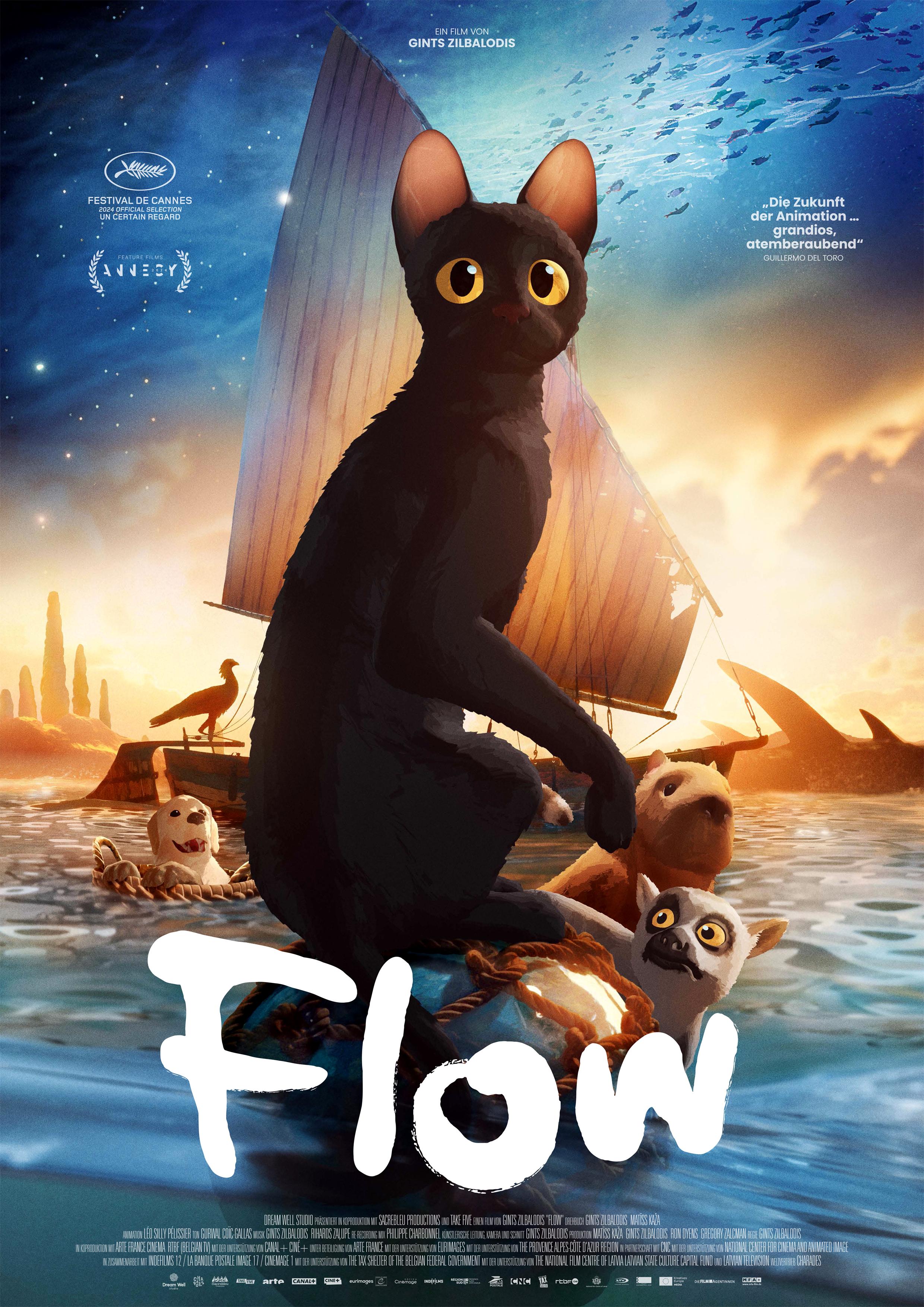 Plakat zum Animationsfilm FLOW: Im Mittelpunkt ist aufgerichtet eine schwarze Katze zu sehen, die den Betrachtenden direkt anschaut. Hinter ihr, vor dramatischen Himmel, schwimmen ein Segelboot im Wasser und verschiedene Tiere.