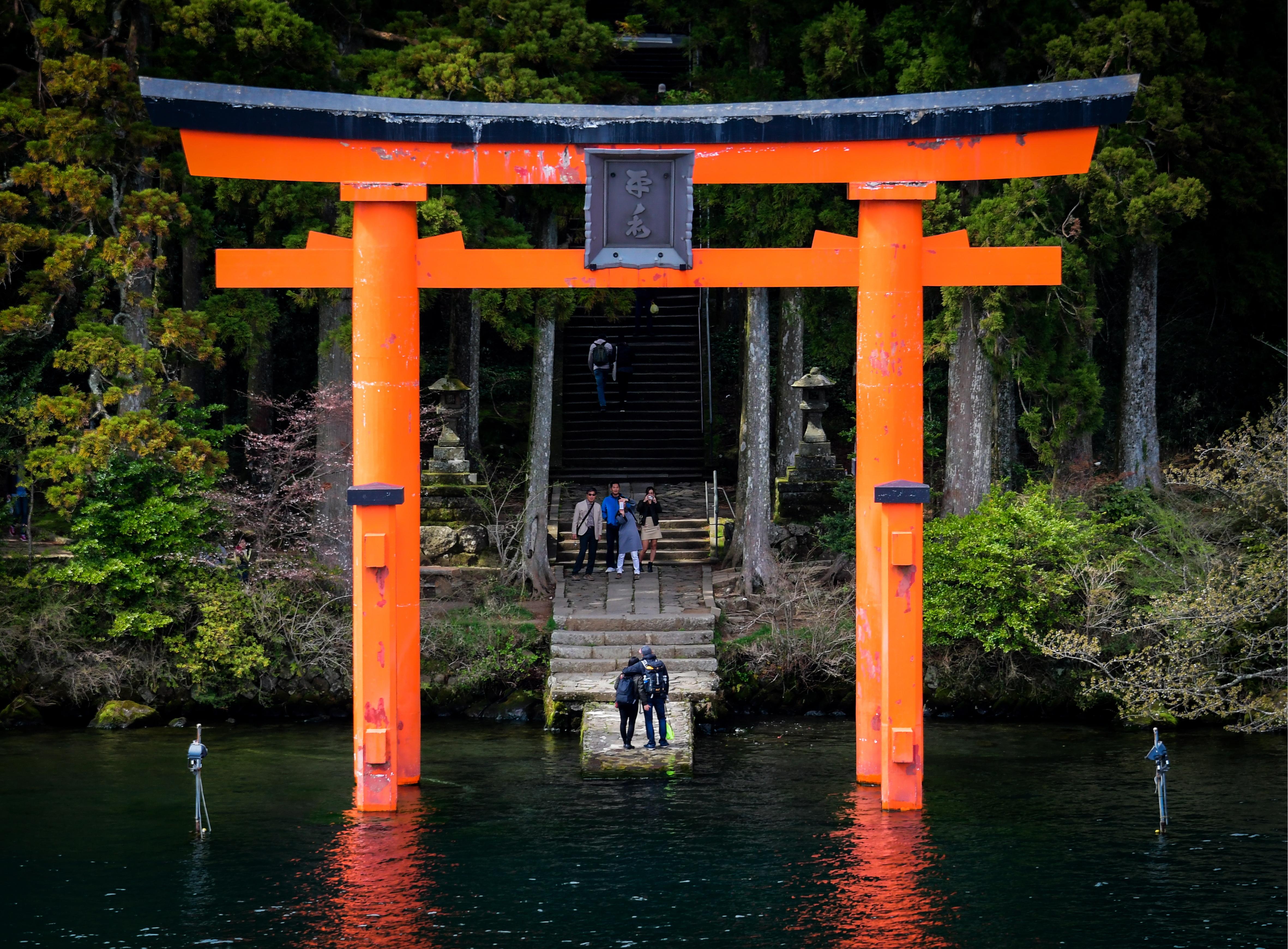 Fotografie eines roten Torii-Tors, das in einem japanischen Nationalpark im Wasser steht