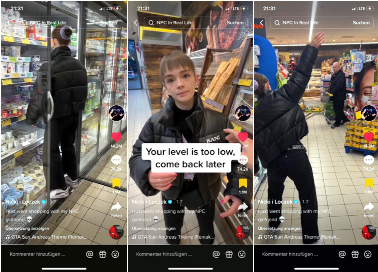 Eine Bilderfolge mit drei Screenshots aus einem Tiktok-Clip: Ein jugendliche Figur bewegt sich wie in einem fehlerhaften Computerspiel.