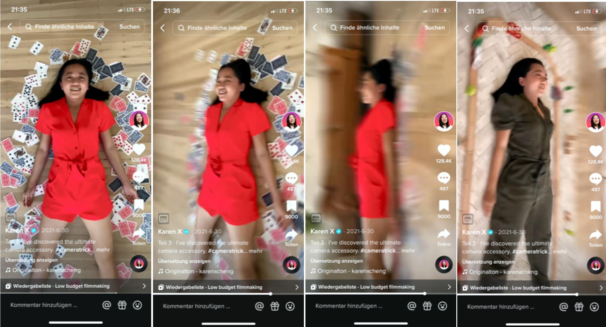 Eine Bilderfolge mit vier Screenshots aus einem Tiktok-Clip: Eine Frau im roten Kleid dreht sich liegend. Auf dem letzten Bild ist sie schwarz gekleidet.