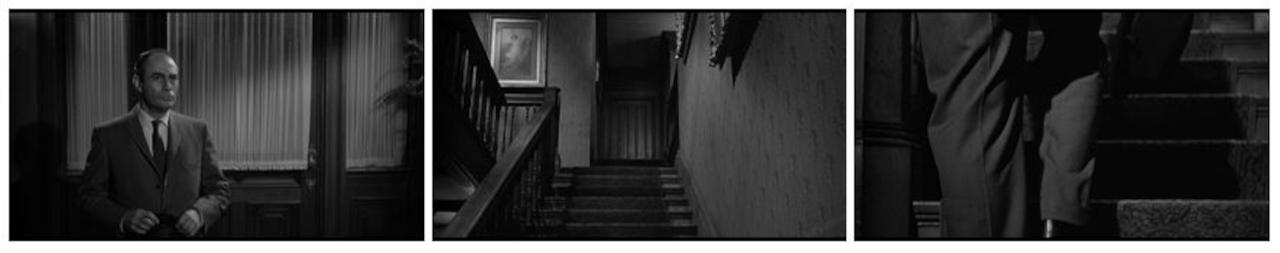 Drei Screenshots aus dem Film "Psycho": Das erste Bild zeigt in halbnaher Einstellung einen Mann in einem Anzug, der einen Hut vor sich in den Händen hält; er steht in einem Innenraum mit dem Rücken zur Haustür, deren Scheiben von Vorhängen bedeckt s